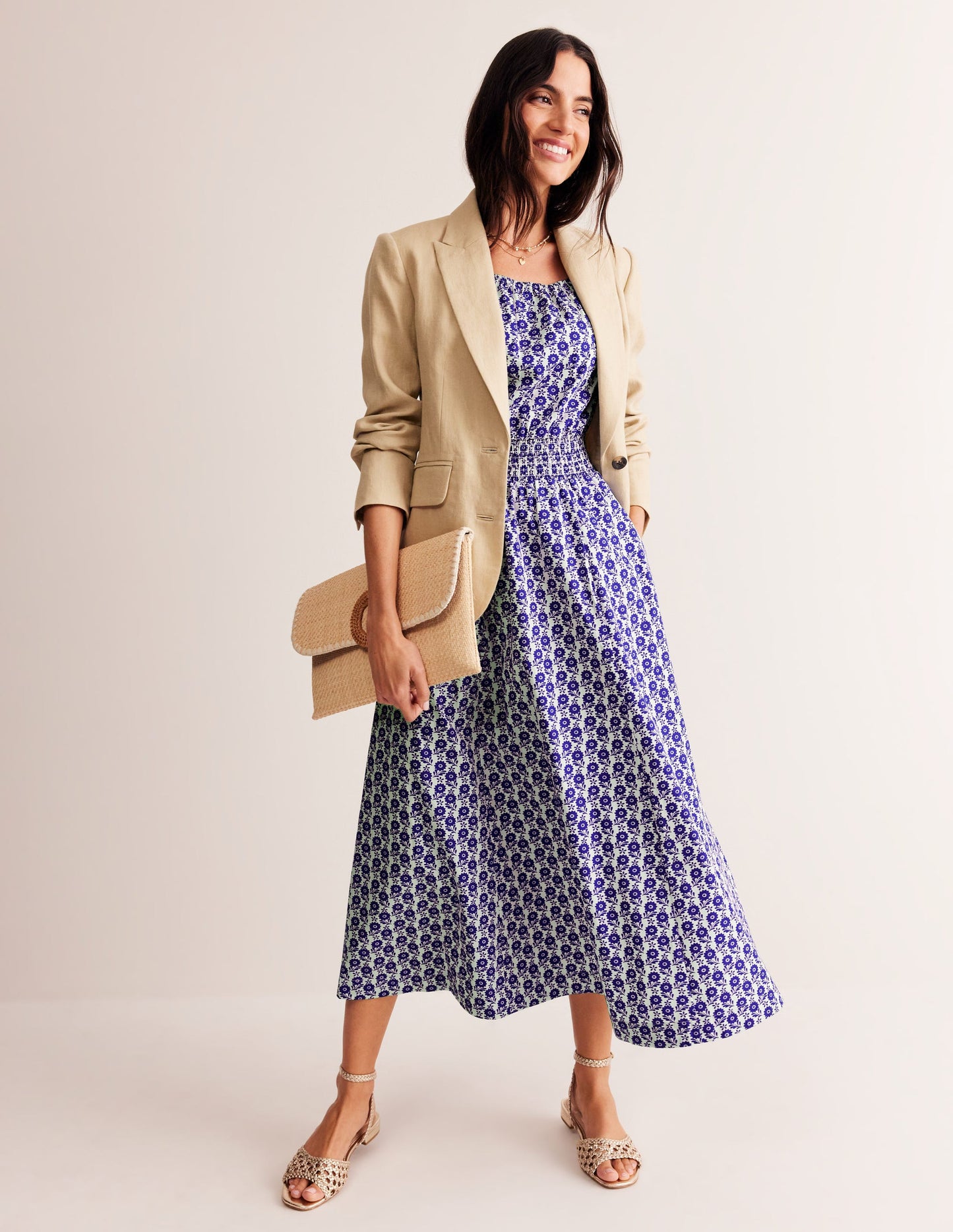 Robe midi Amber en coton-Bleu connecté, motif Bloom Sprig