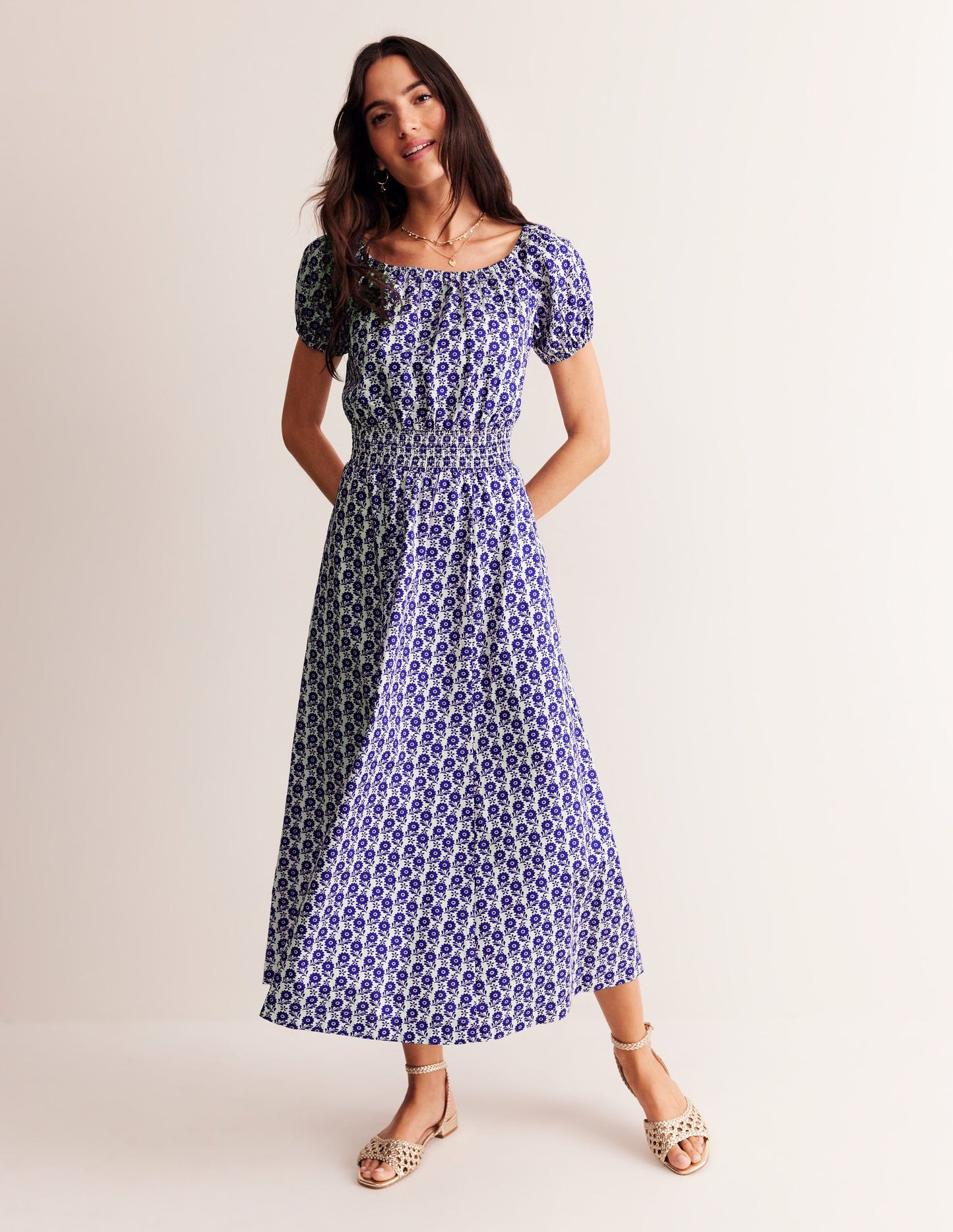 Robe midi Amber en coton-Bleu connecté, motif Bloom Sprig