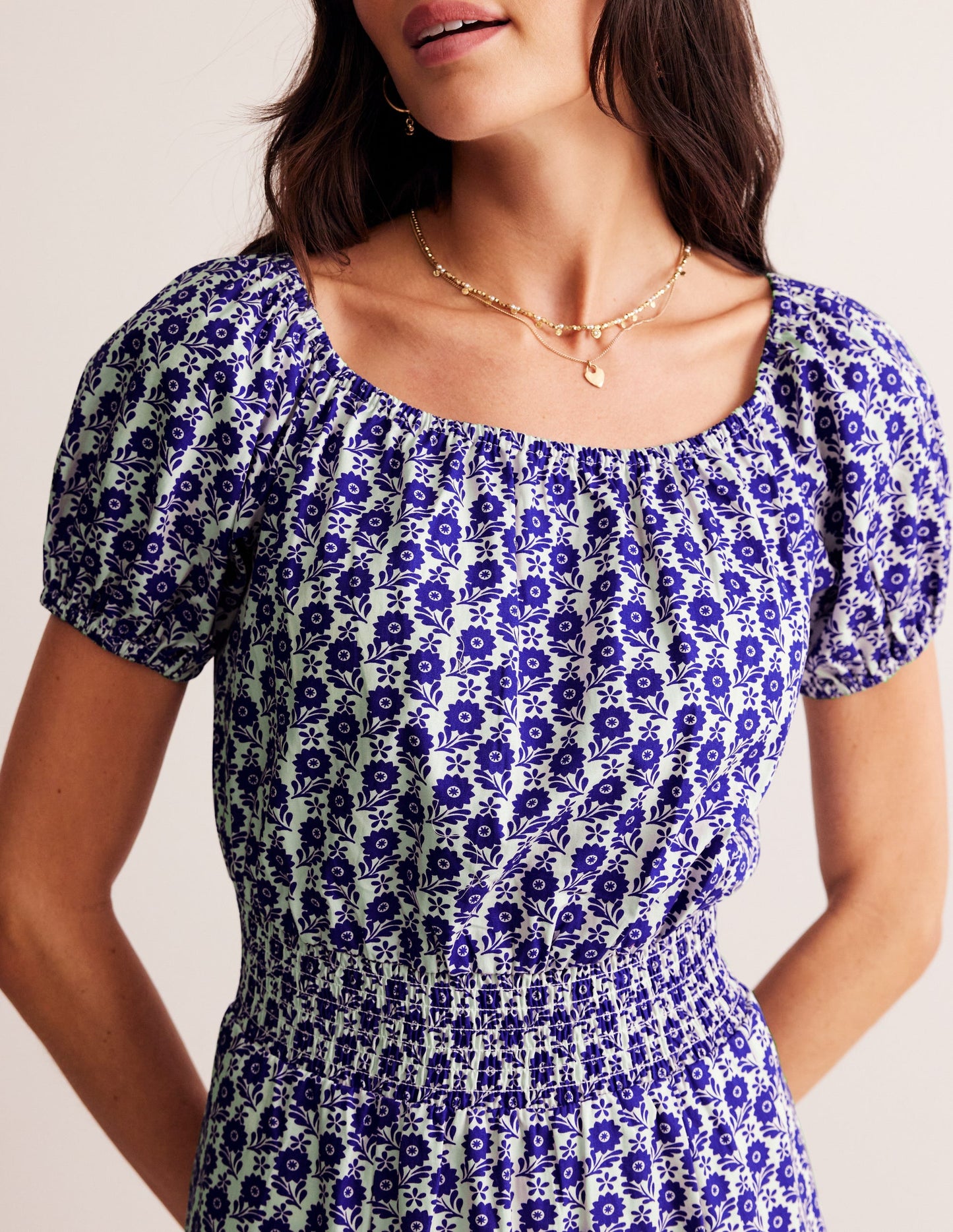 Robe midi Amber en coton-Bleu connecté, motif Bloom Sprig