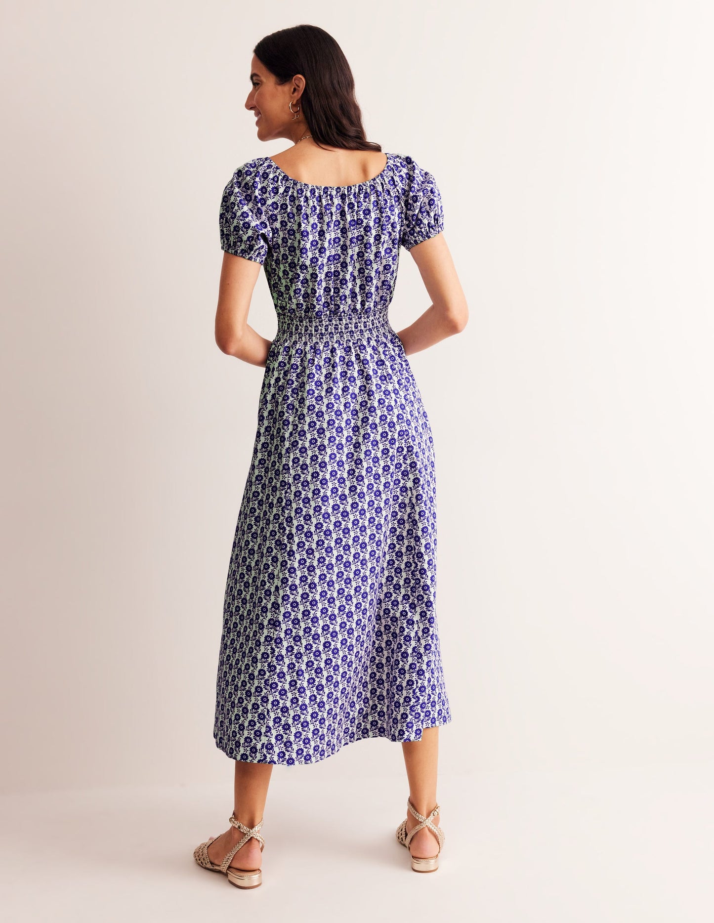 Robe midi Amber en coton-Bleu connecté, motif Bloom Sprig