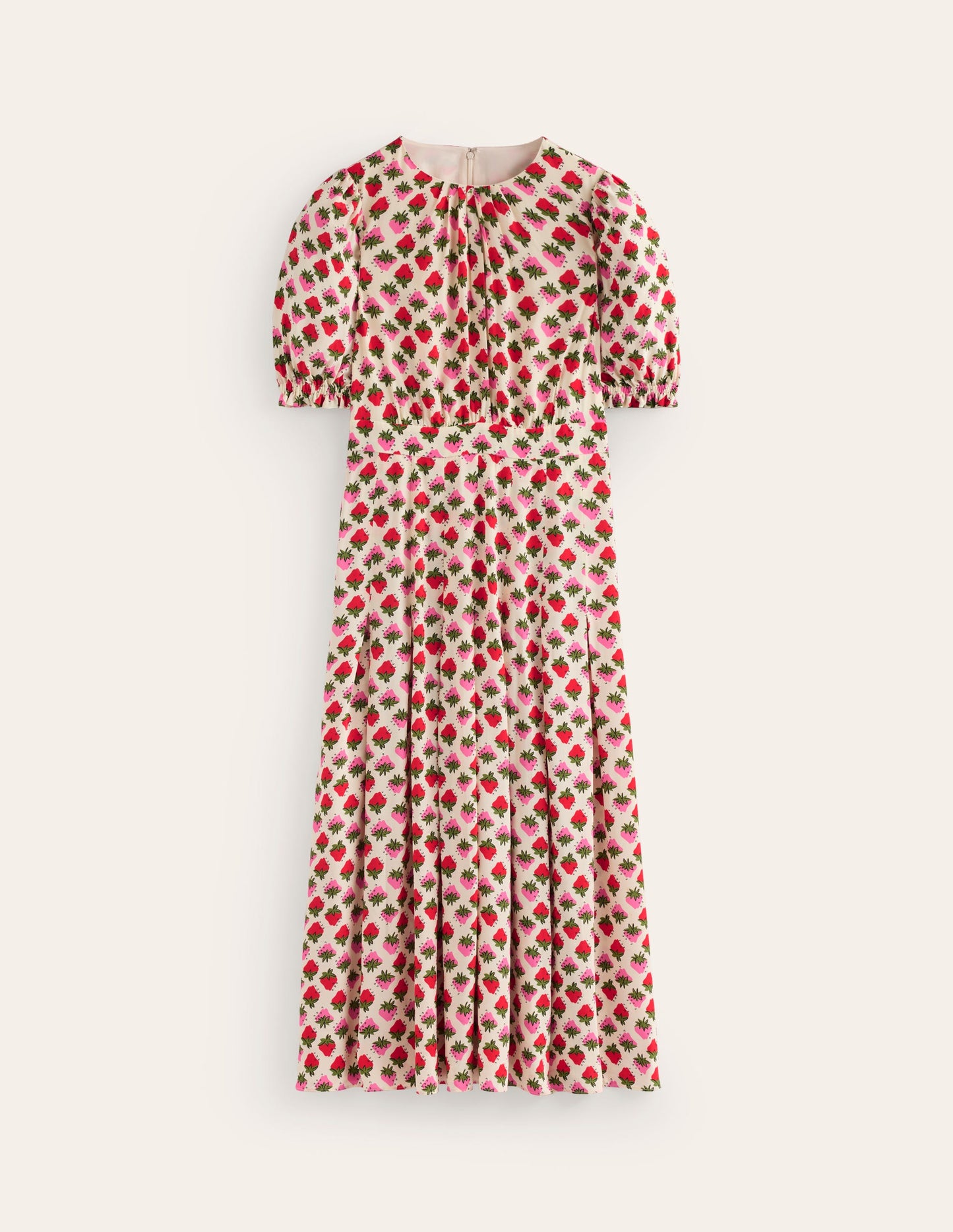 Robe midi Liv plissée-Ivoire, motif Strawberry Pop