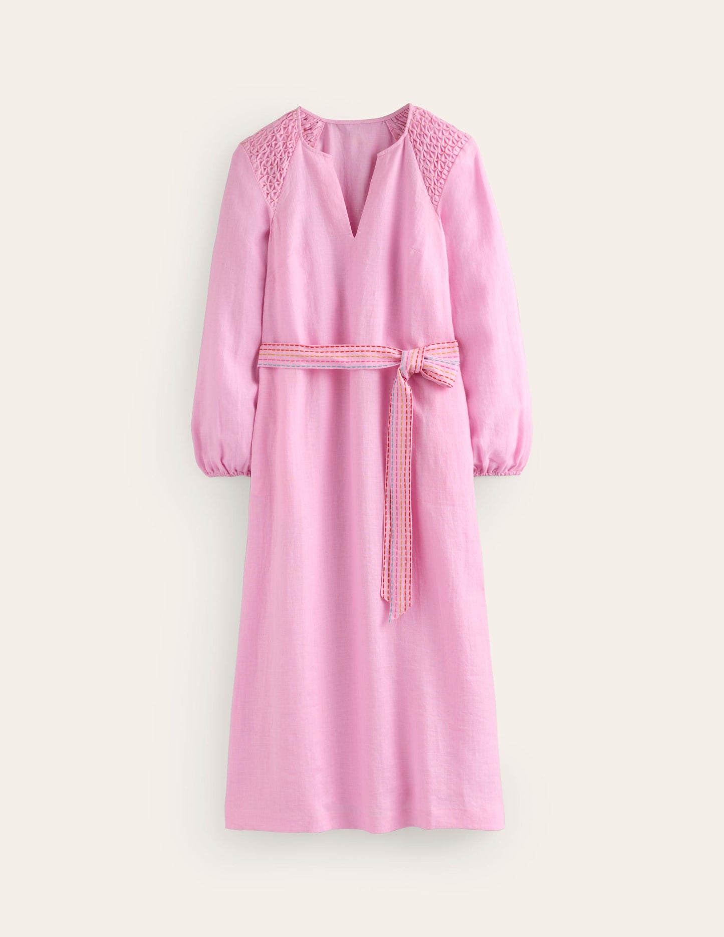 Robe midi en lin à smocks-Canteloupe