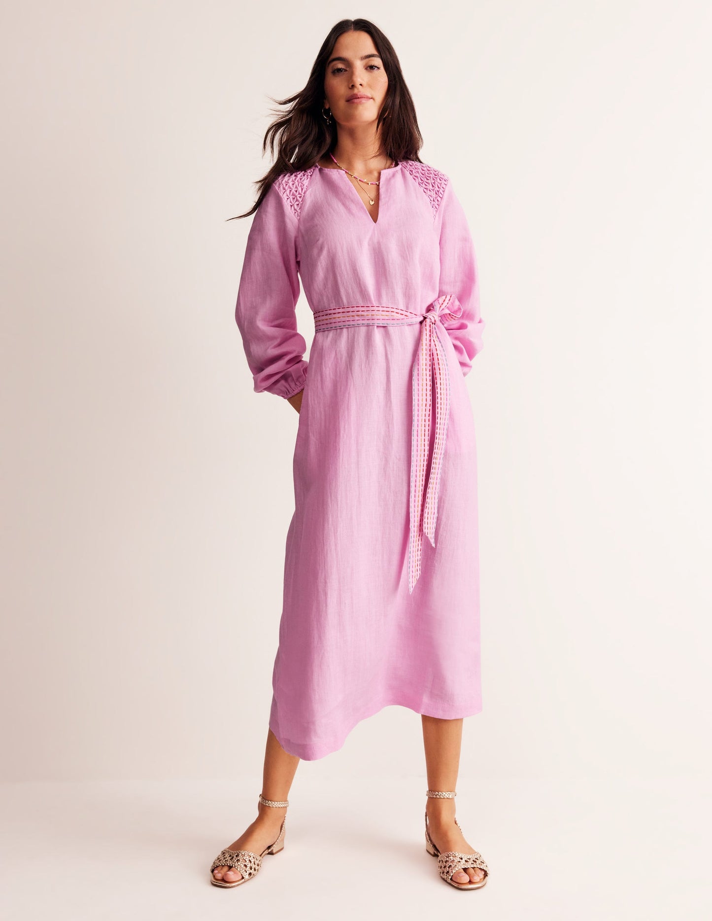 Robe midi en lin à smocks-Canteloupe