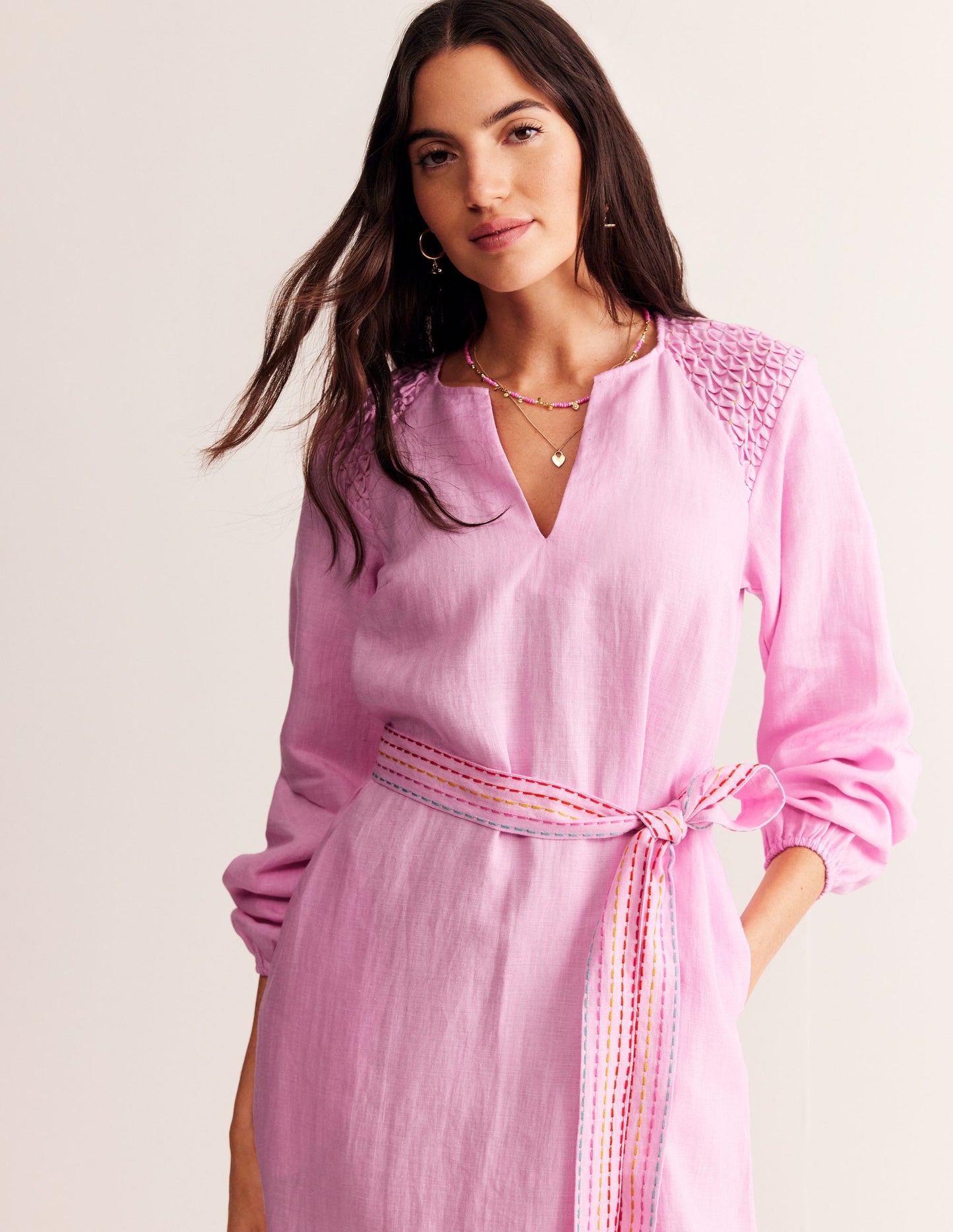 Robe midi en lin à smocks-Canteloupe