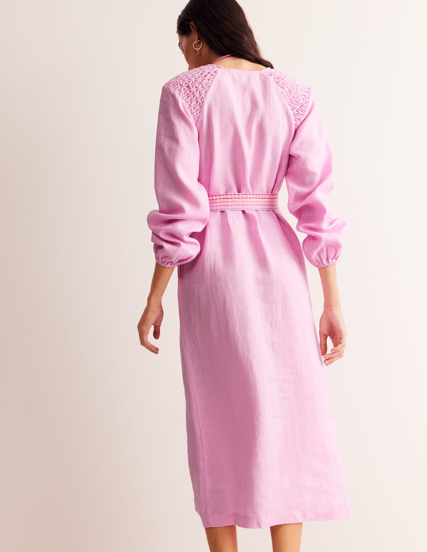 Robe midi en lin à smocks-Canteloupe