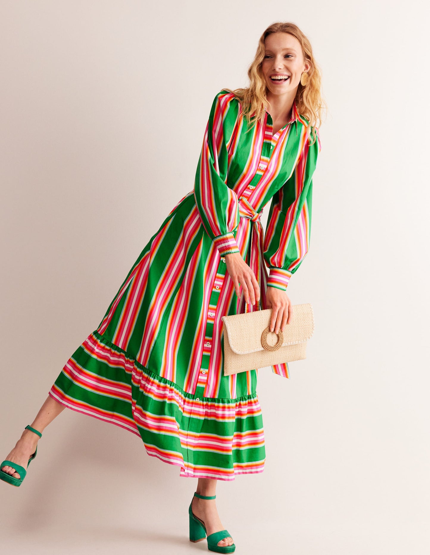 Robe-chemise midi en coton-Vert tambourin et rose