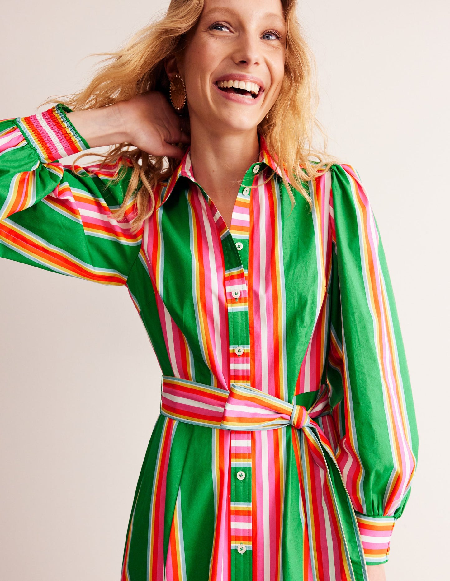 Robe-chemise midi en coton-Vert tambourin et rose