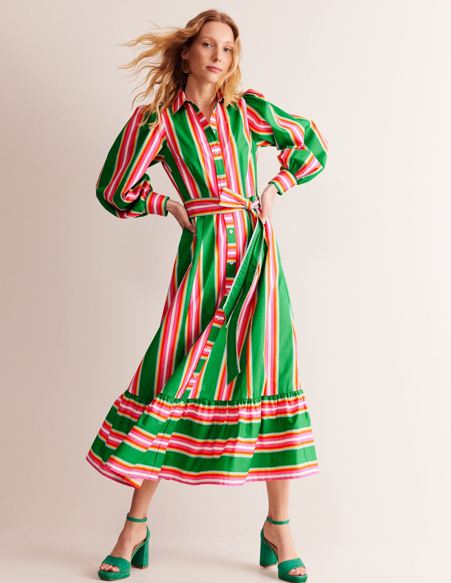 Robe-chemise midi en coton-Vert tambourin et rose