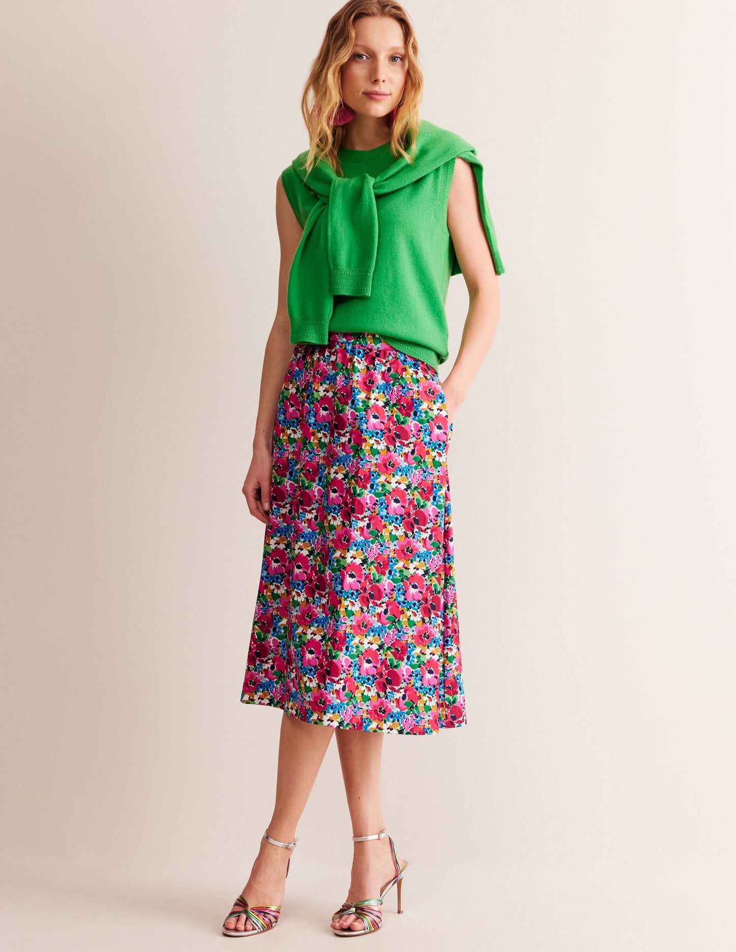 Jupe midi Hattie en popeline-Multi, motif Wild Poppy
