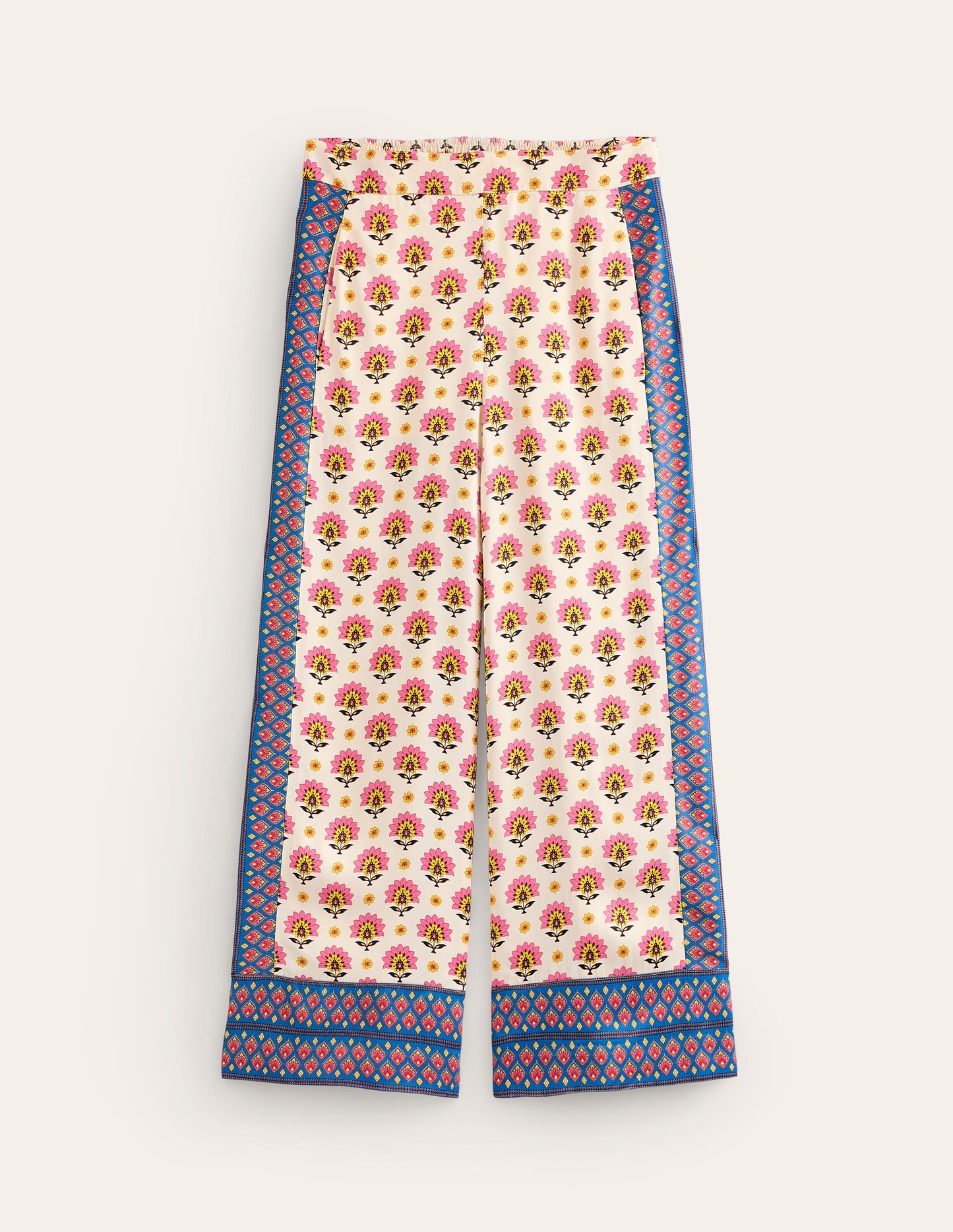 Verkürzte Satin-Hose mit geradem Schnitt-Naturweiß, Blumenmuster