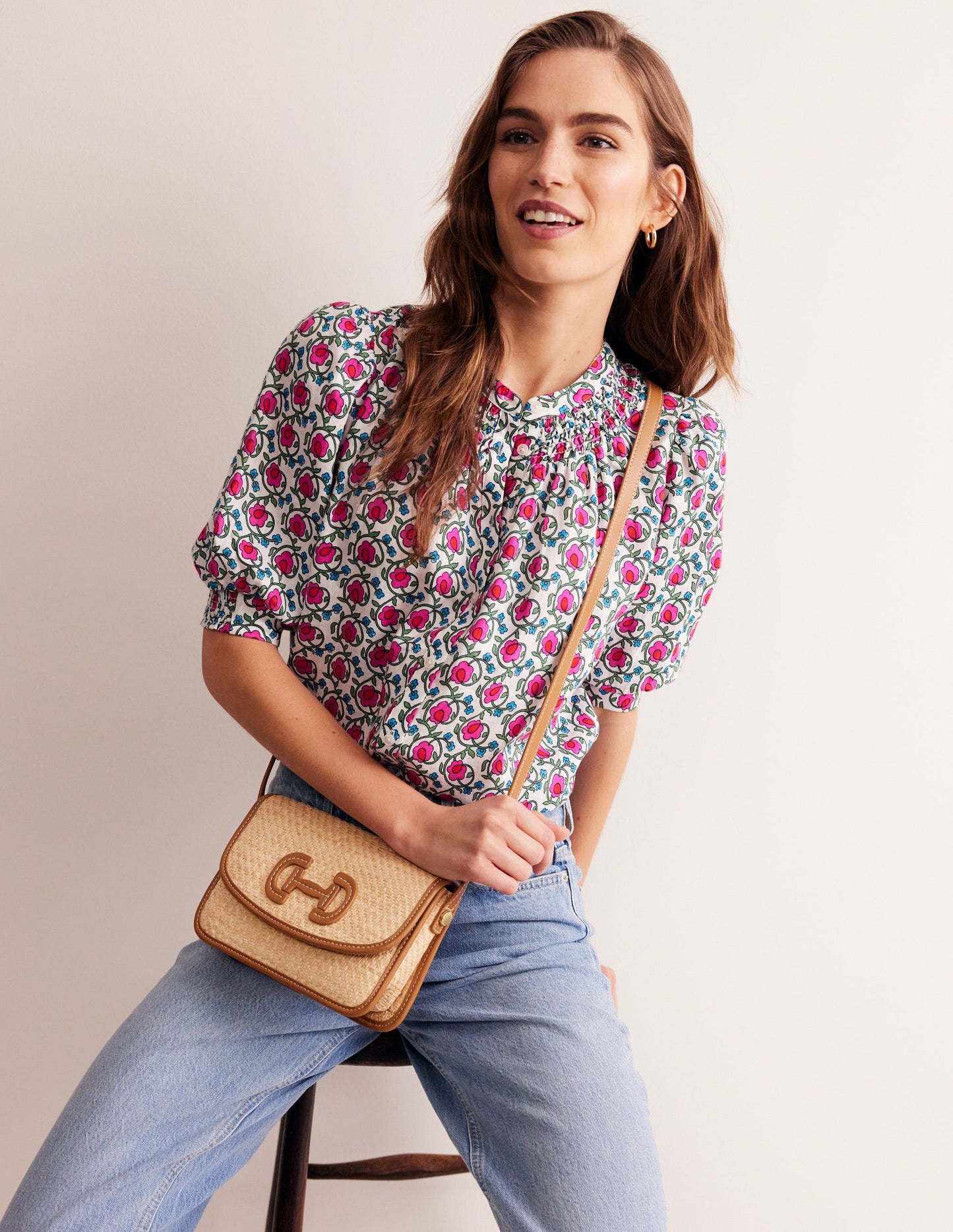 Top Ada en lin-Rose pop, motif Foliage Terrace
