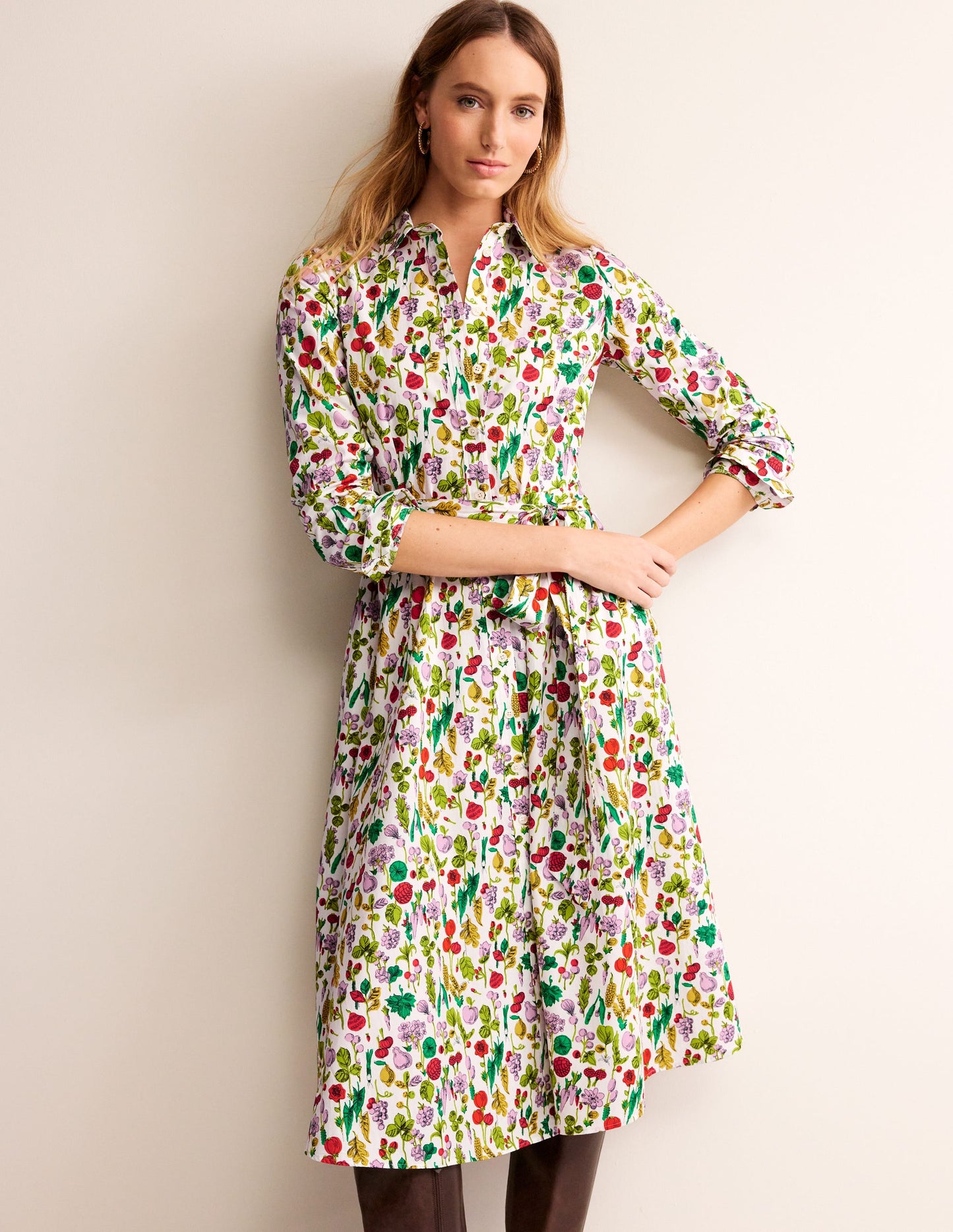Amy Midi-Hemdblusenkleid aus Baumwolle-Naturweiß, Frühling verkürzt
