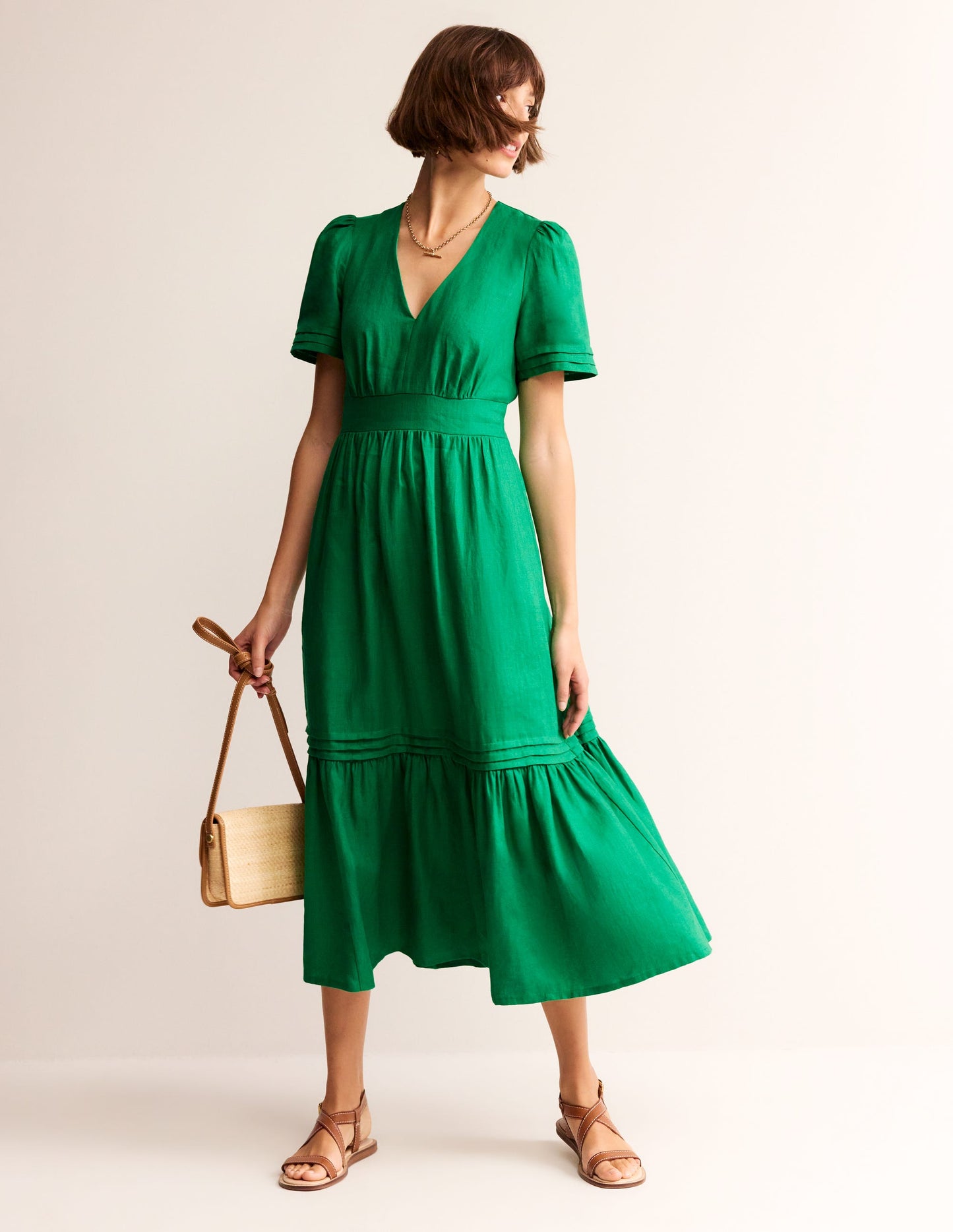 Robe midi Eve en lin-Vert tambourin