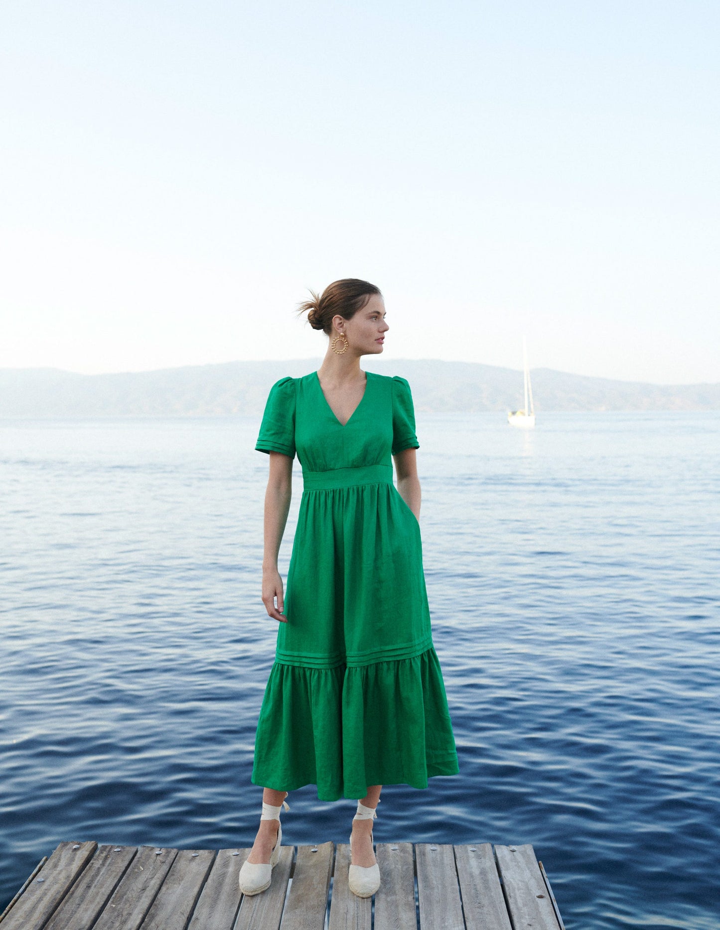 Robe midi Eve en lin-Vert tambourin