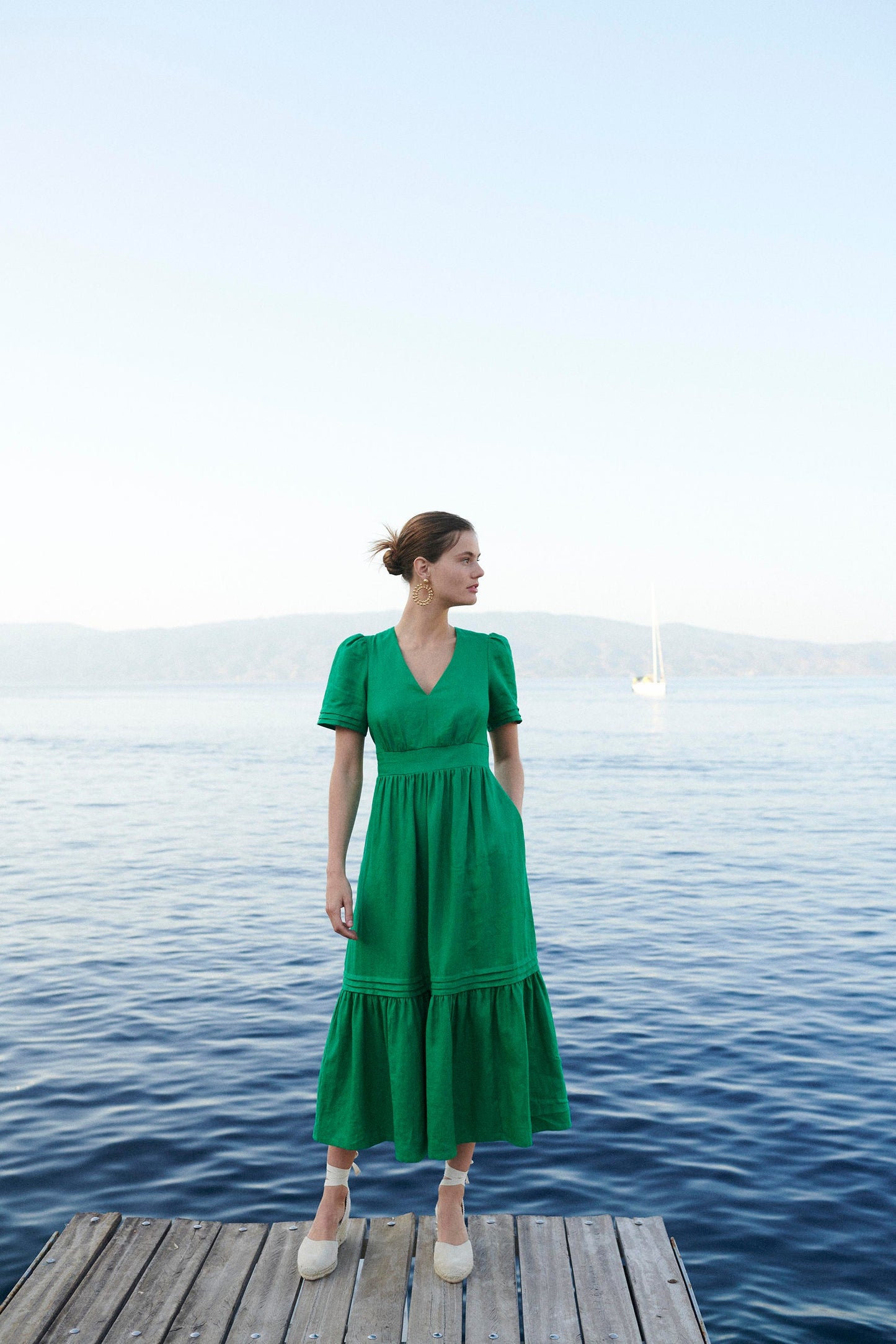 Robe midi Eve en lin-Vert tambourin