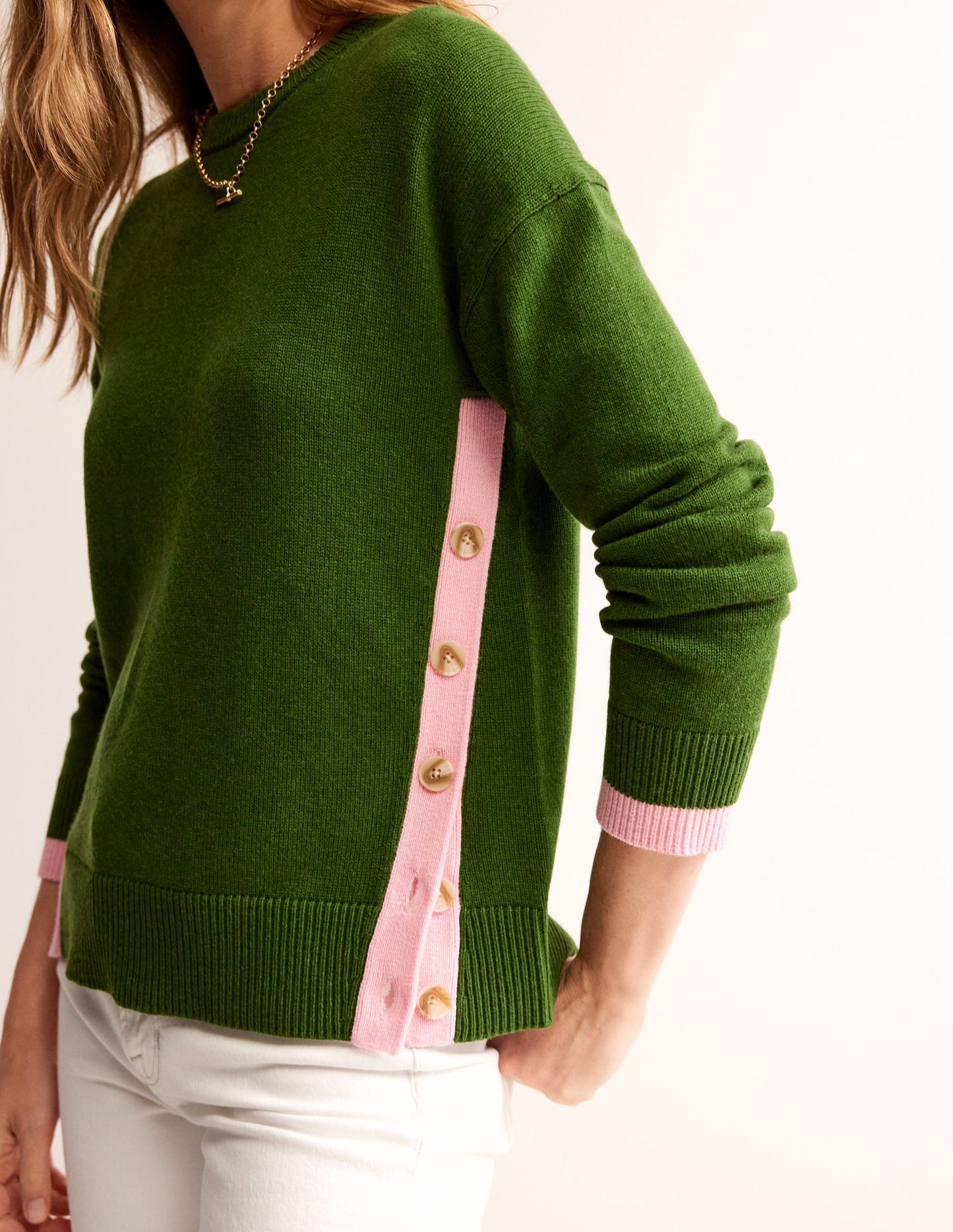 Alma Pullover mit Kontrastbesatz-Garten-Grün Orchideenrosa