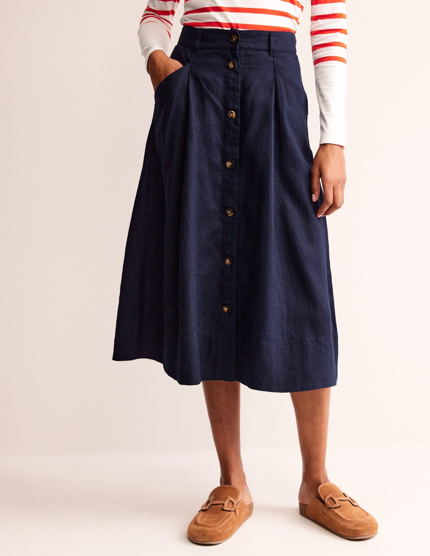 Jupe midi Petra en lin-Bleu marine