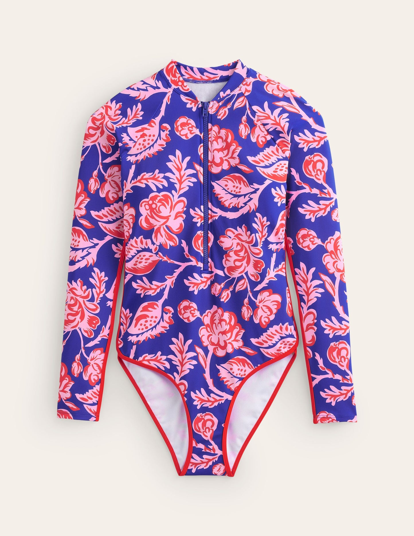 Badeanzug mit Paspelierung und Raglanärmeln-Surf The Web Blau, Puderrosa