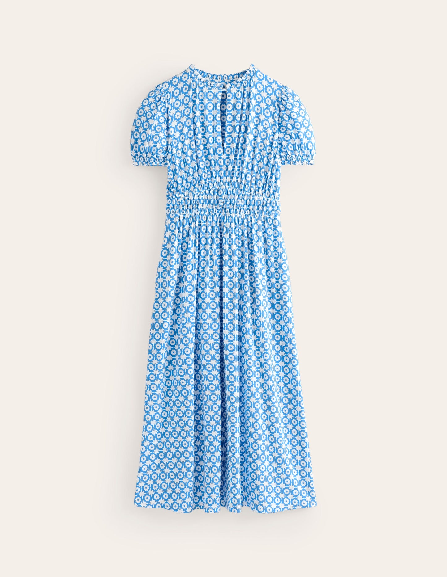 Robe midi style 40s Rosanna en jersey-Bleu brillant, motif Blossom Tile