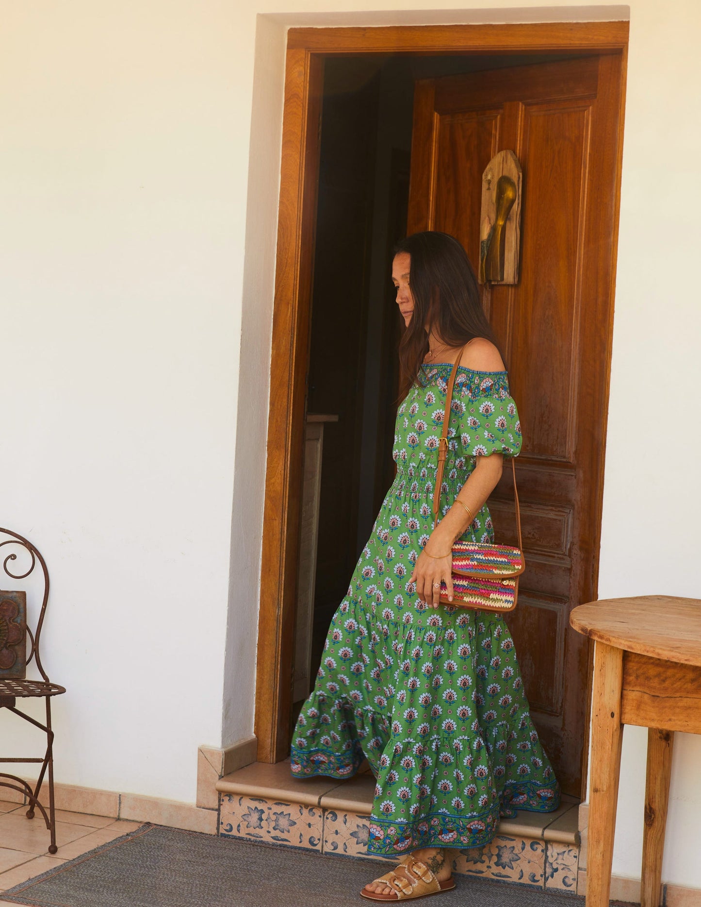 Cotton Midi Smocked Dress-Stone Green, Passion Geo