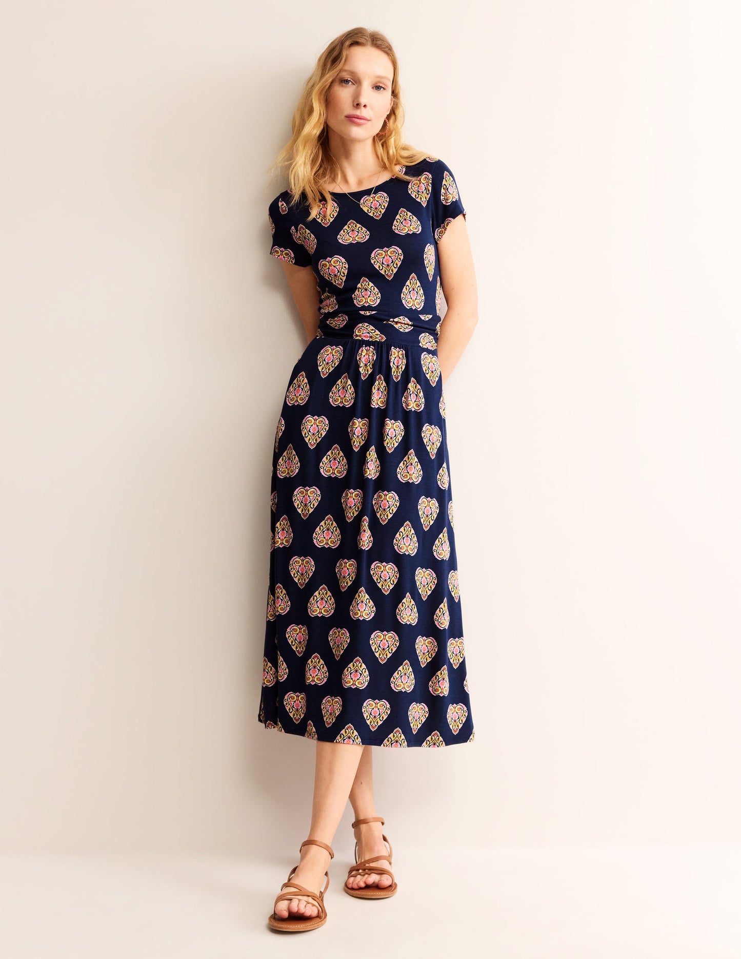 Robe midi Amelie en jersey-Bleu marine foncé, motif Flora Stamp