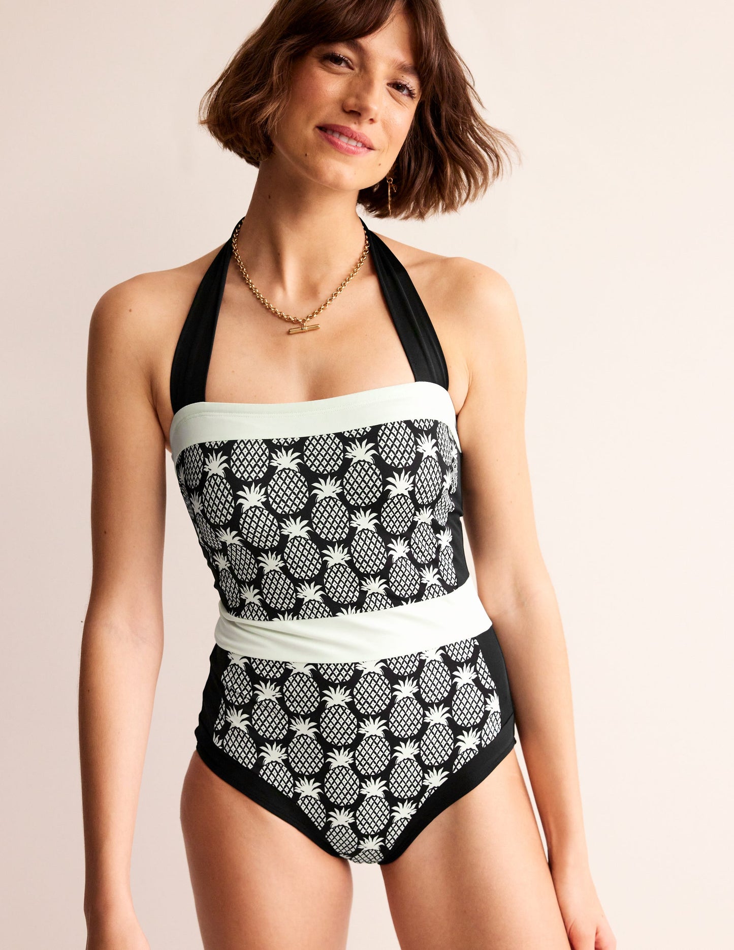Maillot de bain dos-nu Santorini-Noir, motif géométrique ananas