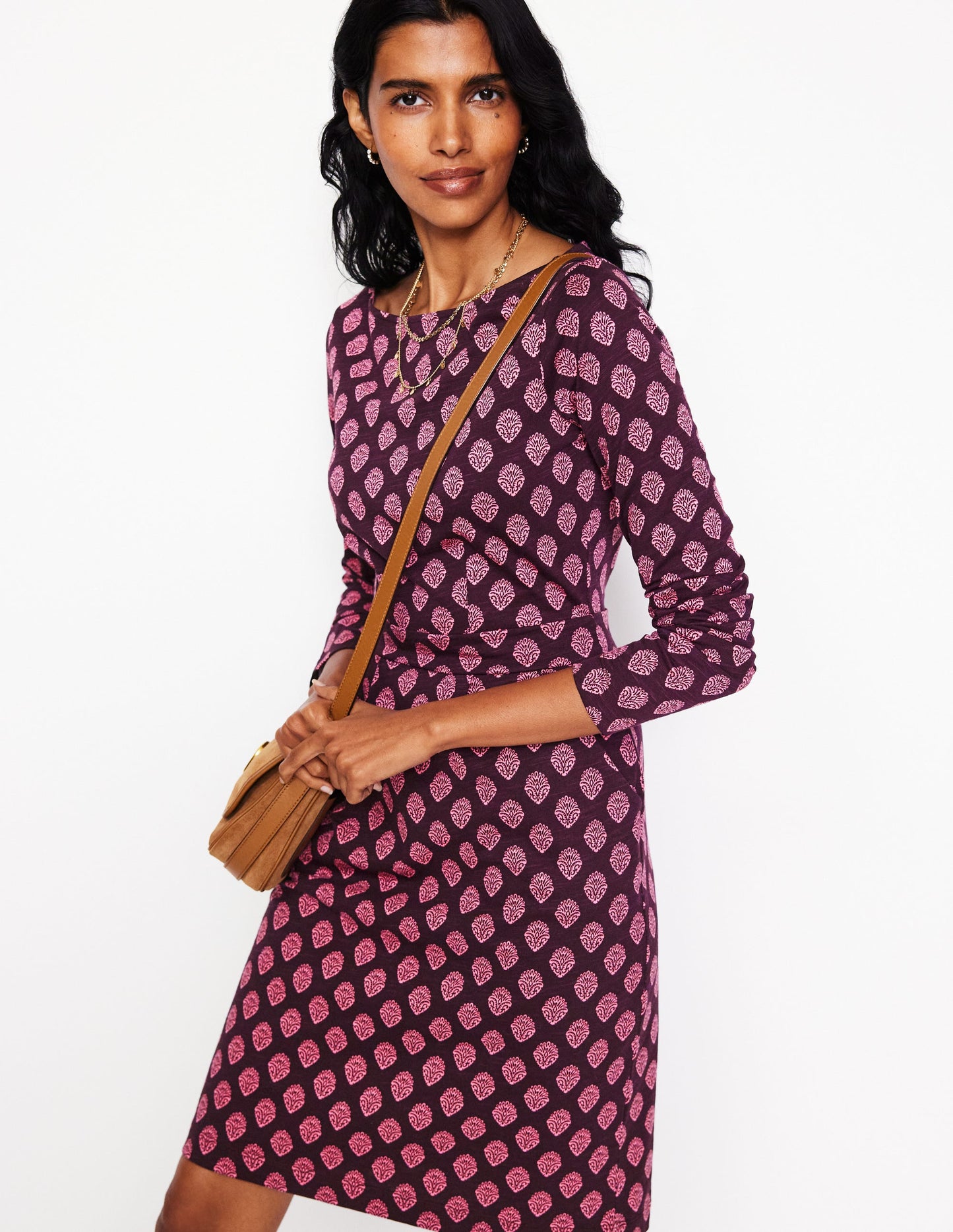Robe Florrie à manches longues-Figue, motif Ornate Stamp