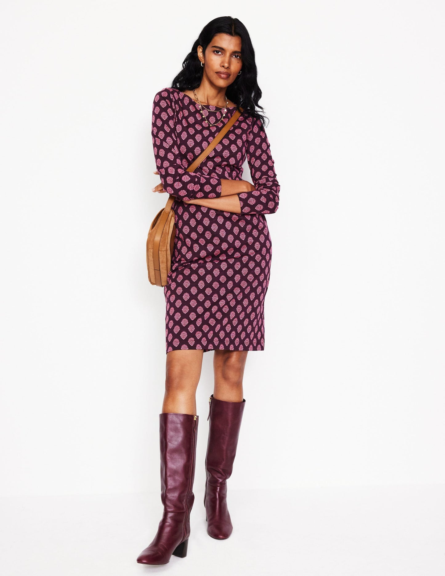 Robe Florrie à manches longues-Figue, motif Ornate Stamp