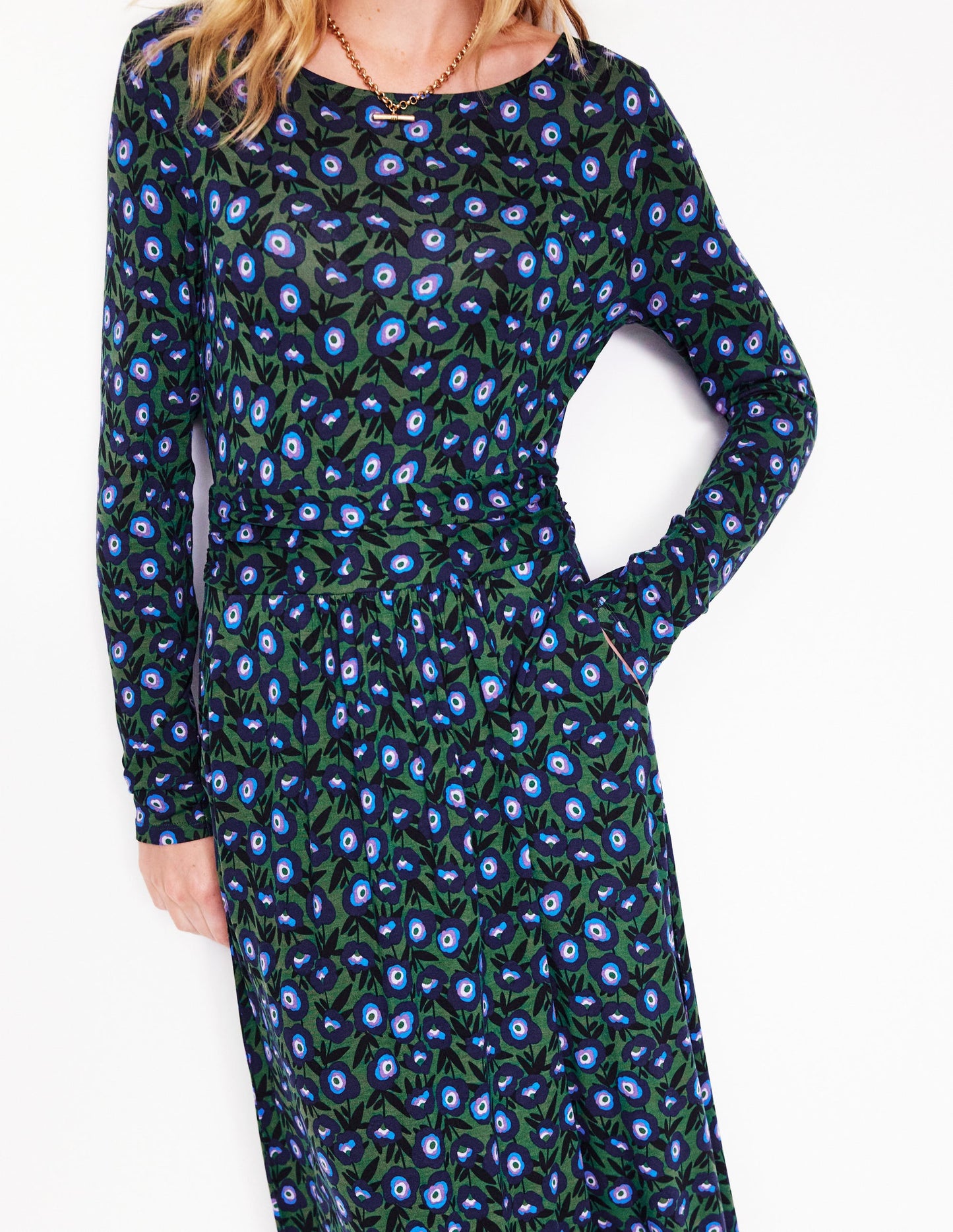 Amelie Langärmeliges Midikleid-Piniengrün, Stiefmütterchenzweig
