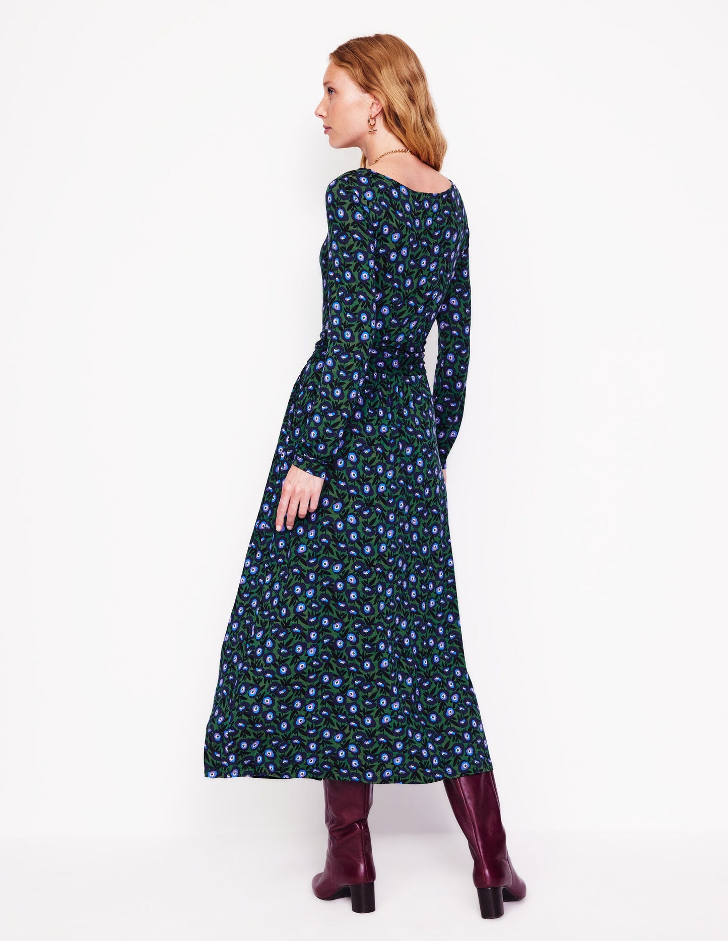 Amelie Langärmeliges Midikleid-Piniengrün, Stiefmütterchenzweig