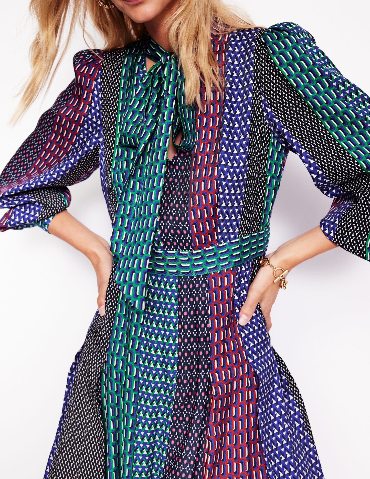 Midikleid mit Schluppe und Schleife-Bunt, Geomix