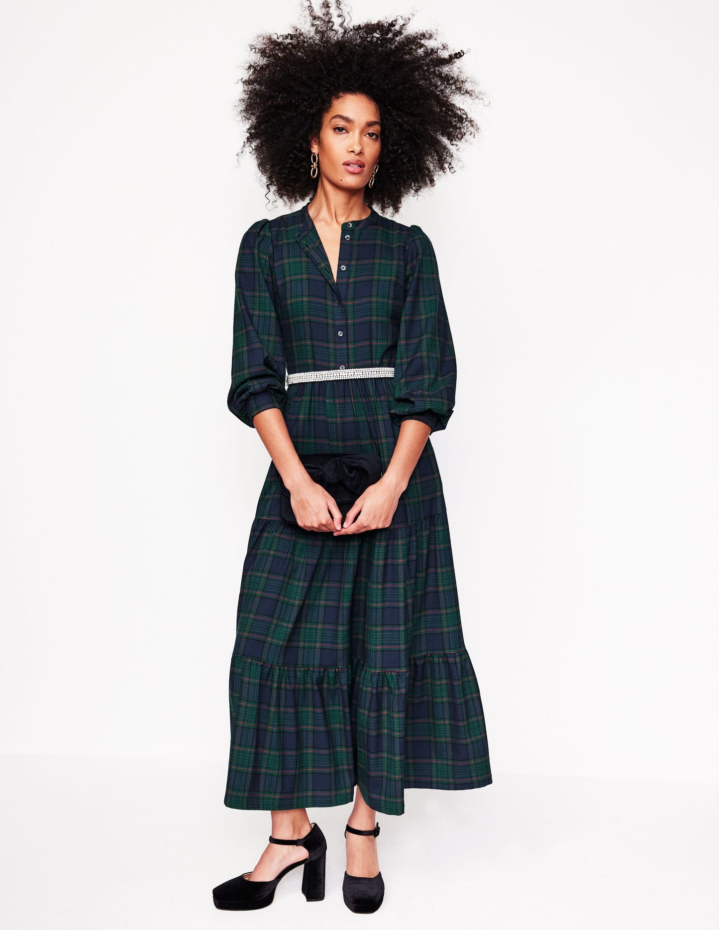 Robe longue Alba à carreaux-Carreaux bleu marine et vert