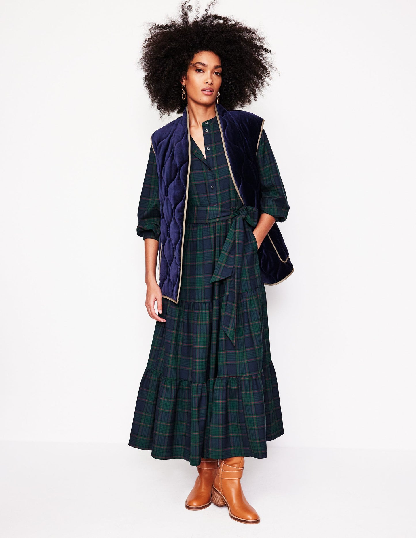 Robe longue Alba à carreaux-Carreaux bleu marine et vert