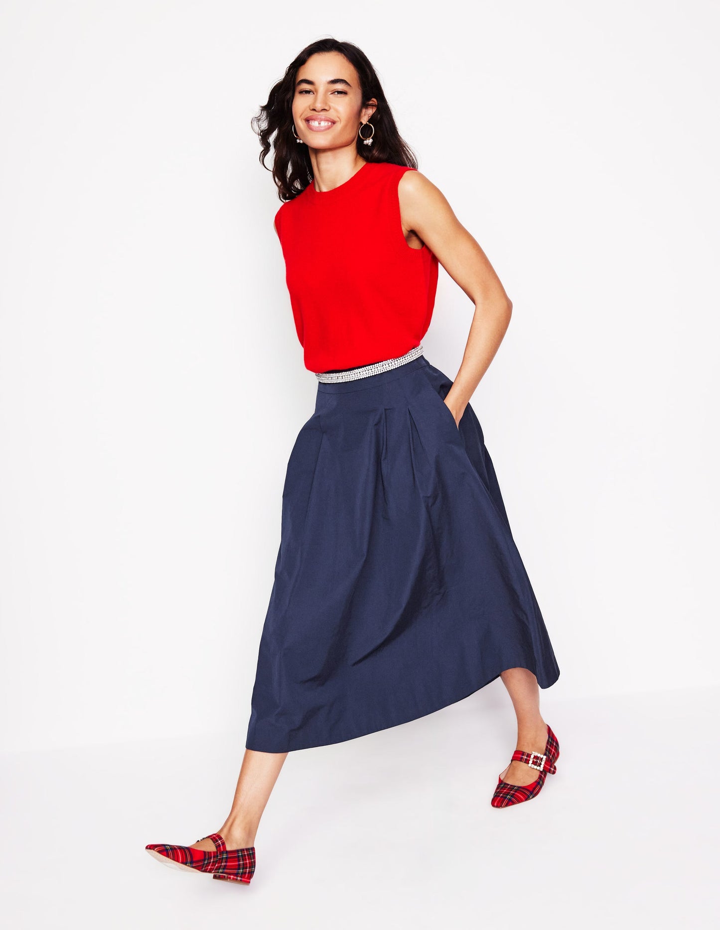 Jupe midi Isabella en taffetas-Bleu Marine, Petits Pois