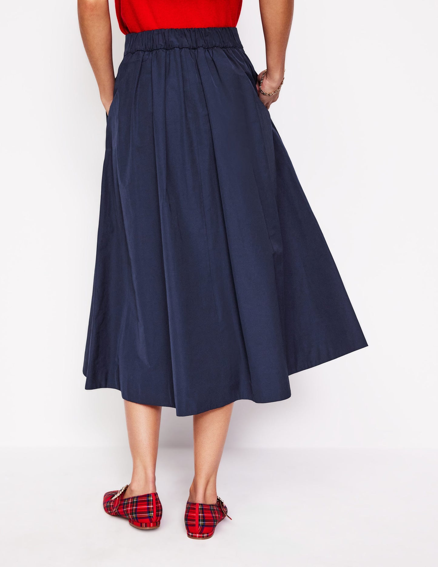 Jupe midi Isabella en taffetas-Bleu Marine, Petits Pois