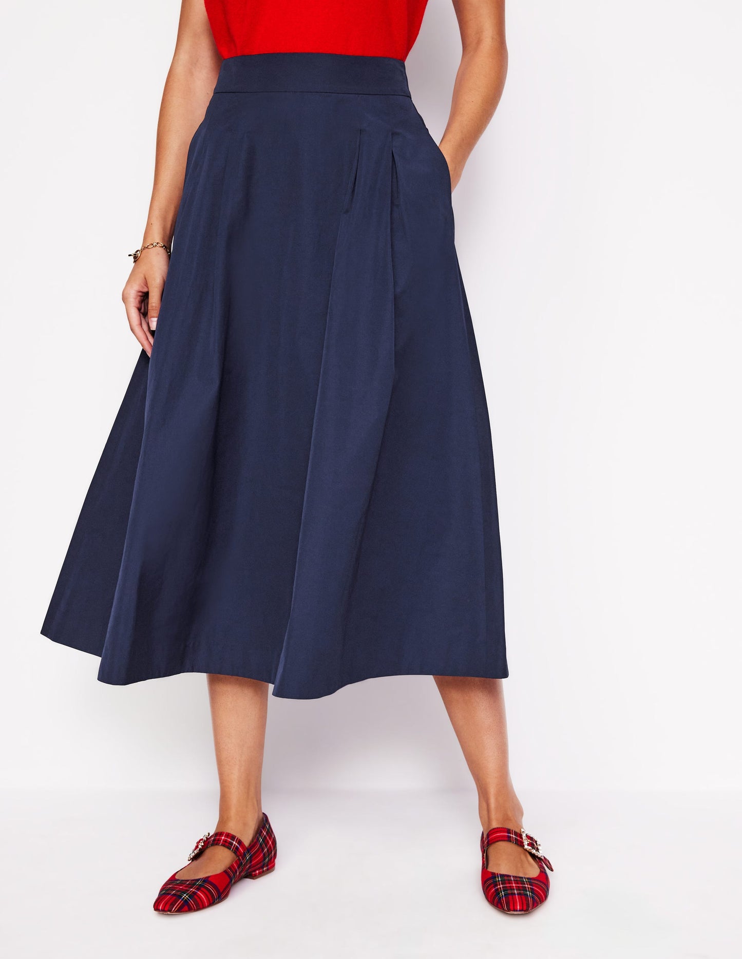 Jupe midi Isabella en taffetas-Bleu Marine, Petits Pois