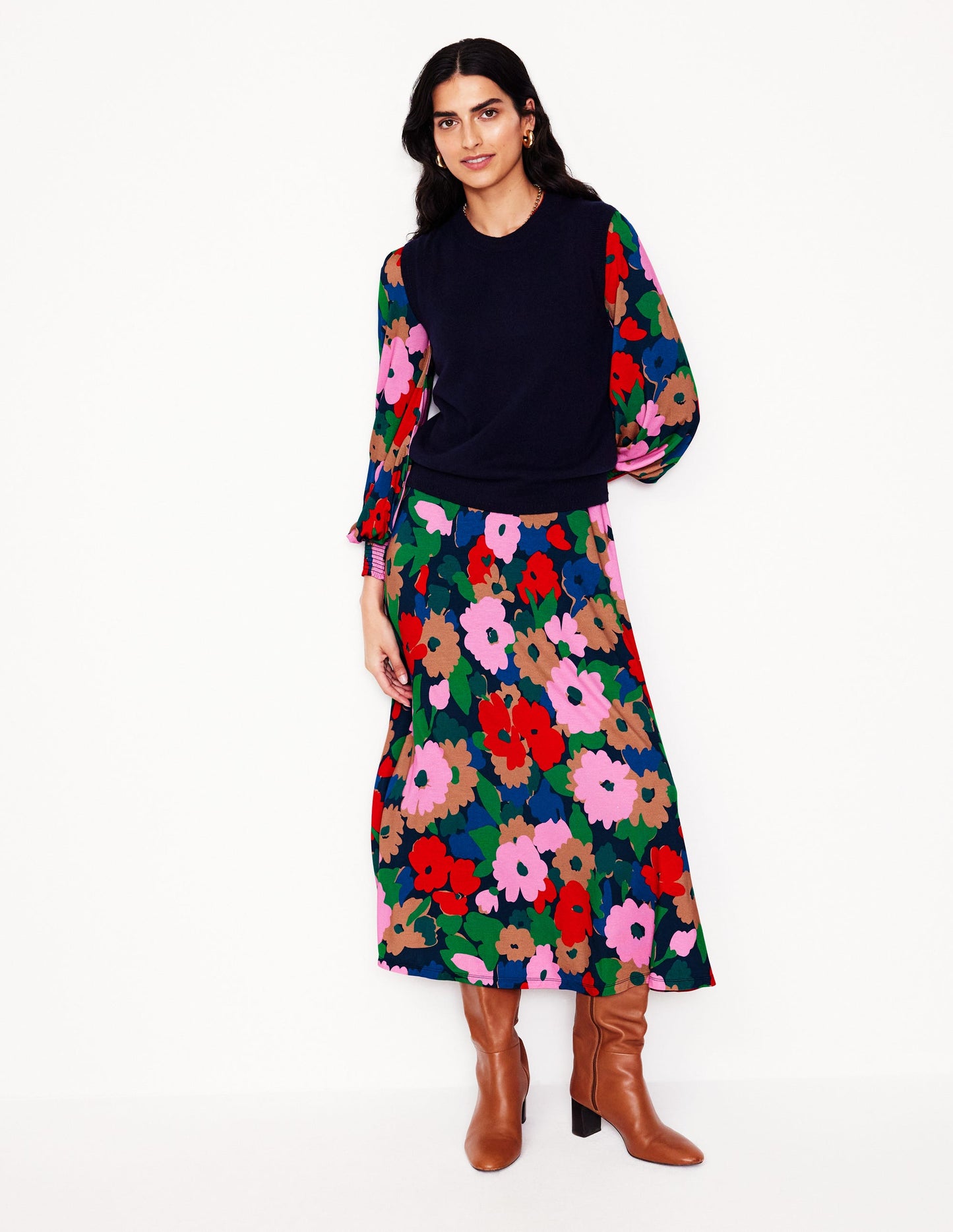 Ivy Gesmoktes Midikleid-Bunt, Malerische Wiese