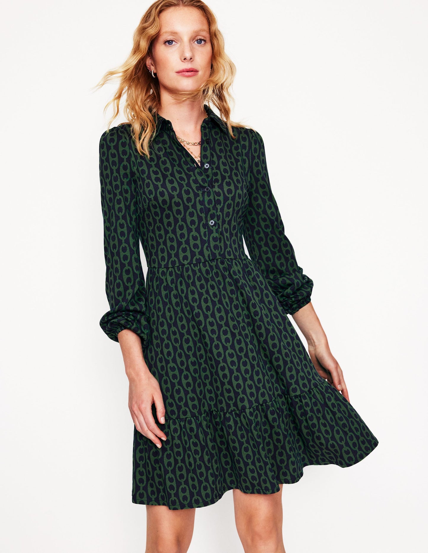 Robe Jemima en jersey à volants-Pin, motif Geo Chain