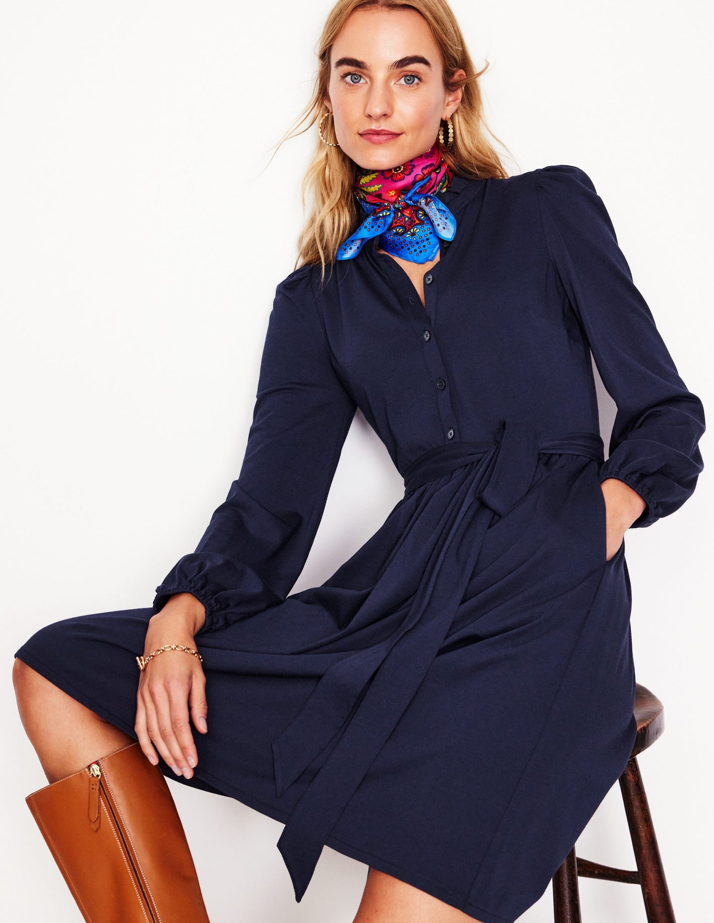 Robe-chemise Willow à col volanté-Bleu Marine, Petits Pois