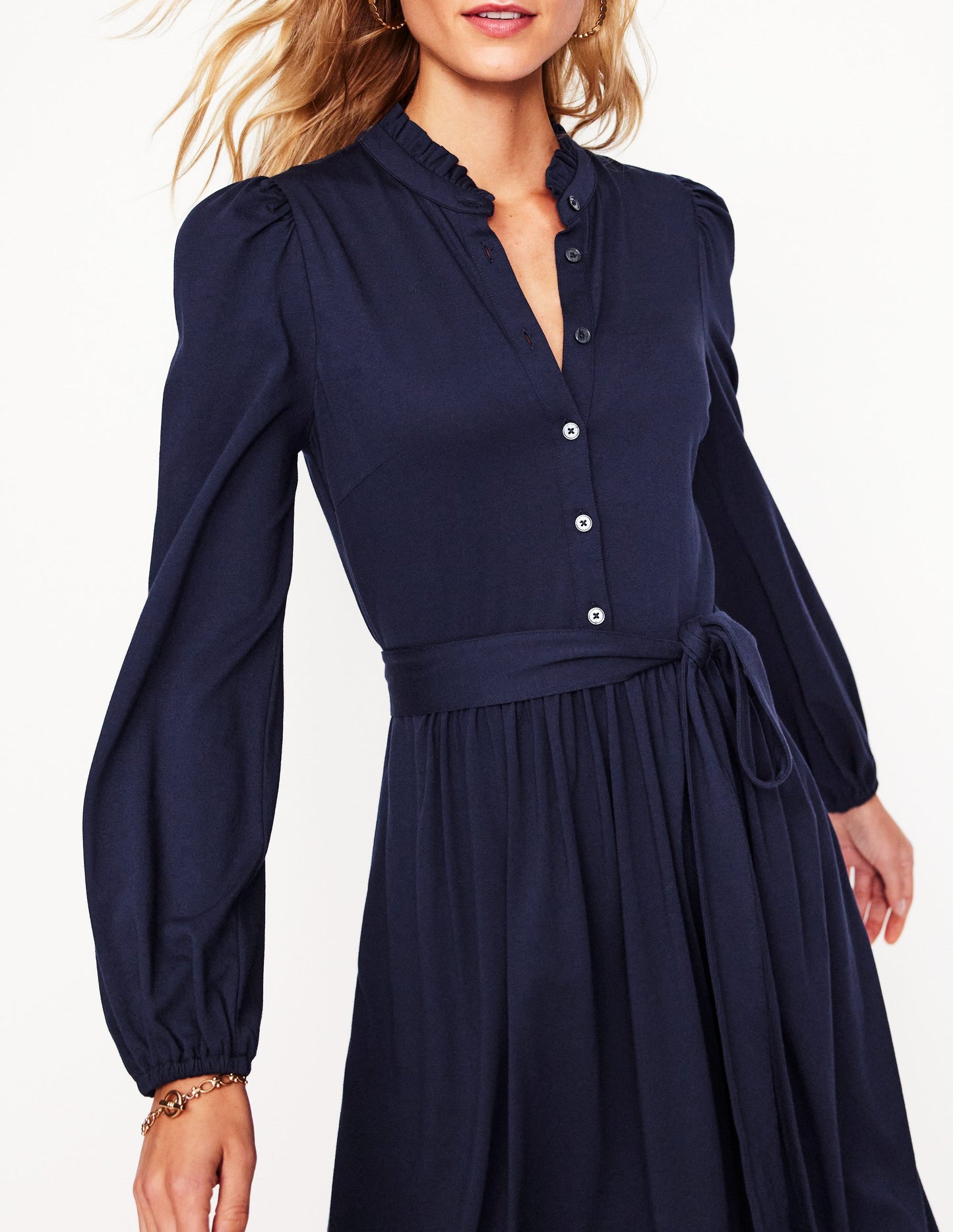 Robe-chemise Willow à col volanté-Bleu Marine, Petits Pois