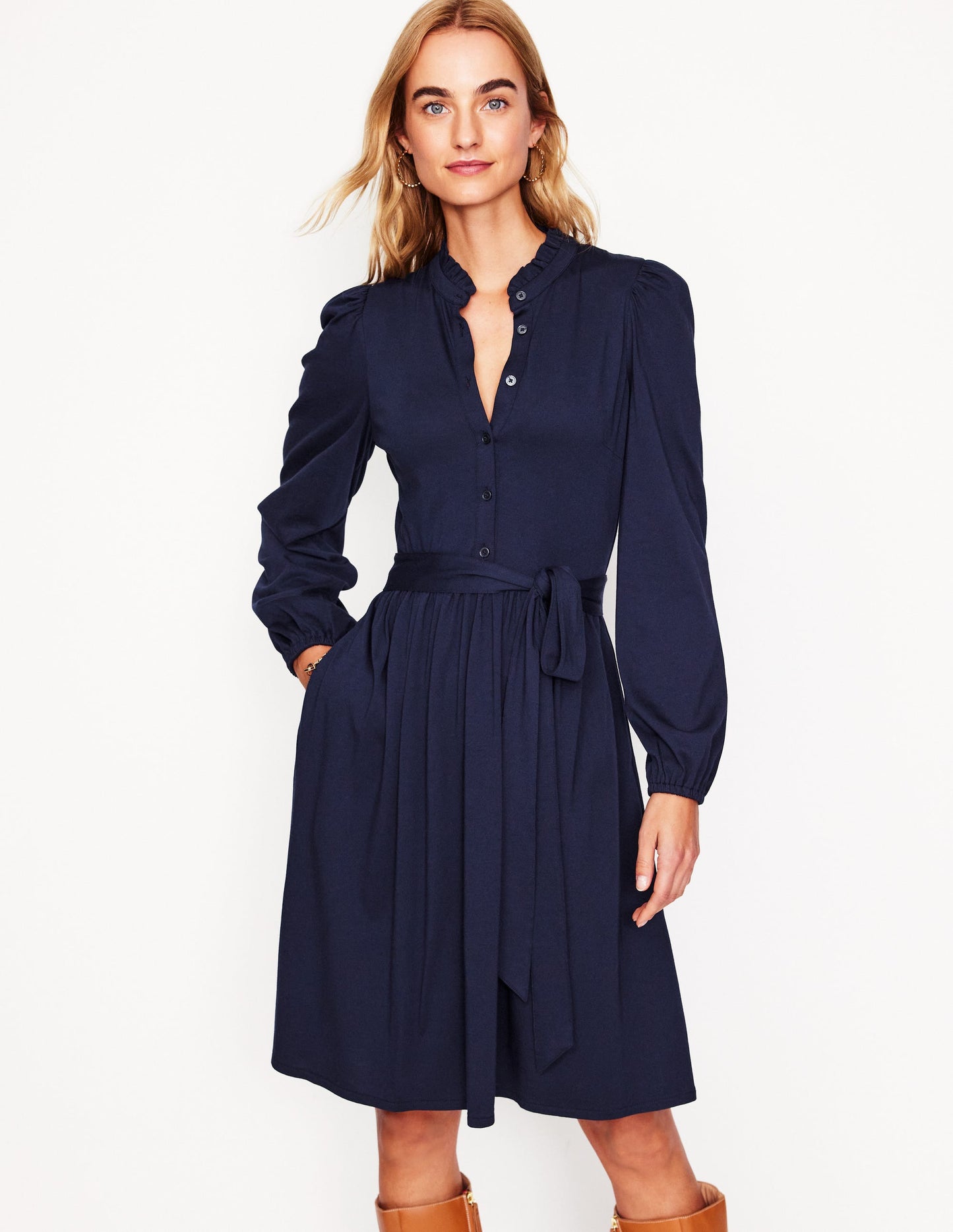 Robe-chemise Willow à col volanté-Bleu Marine, Petits Pois