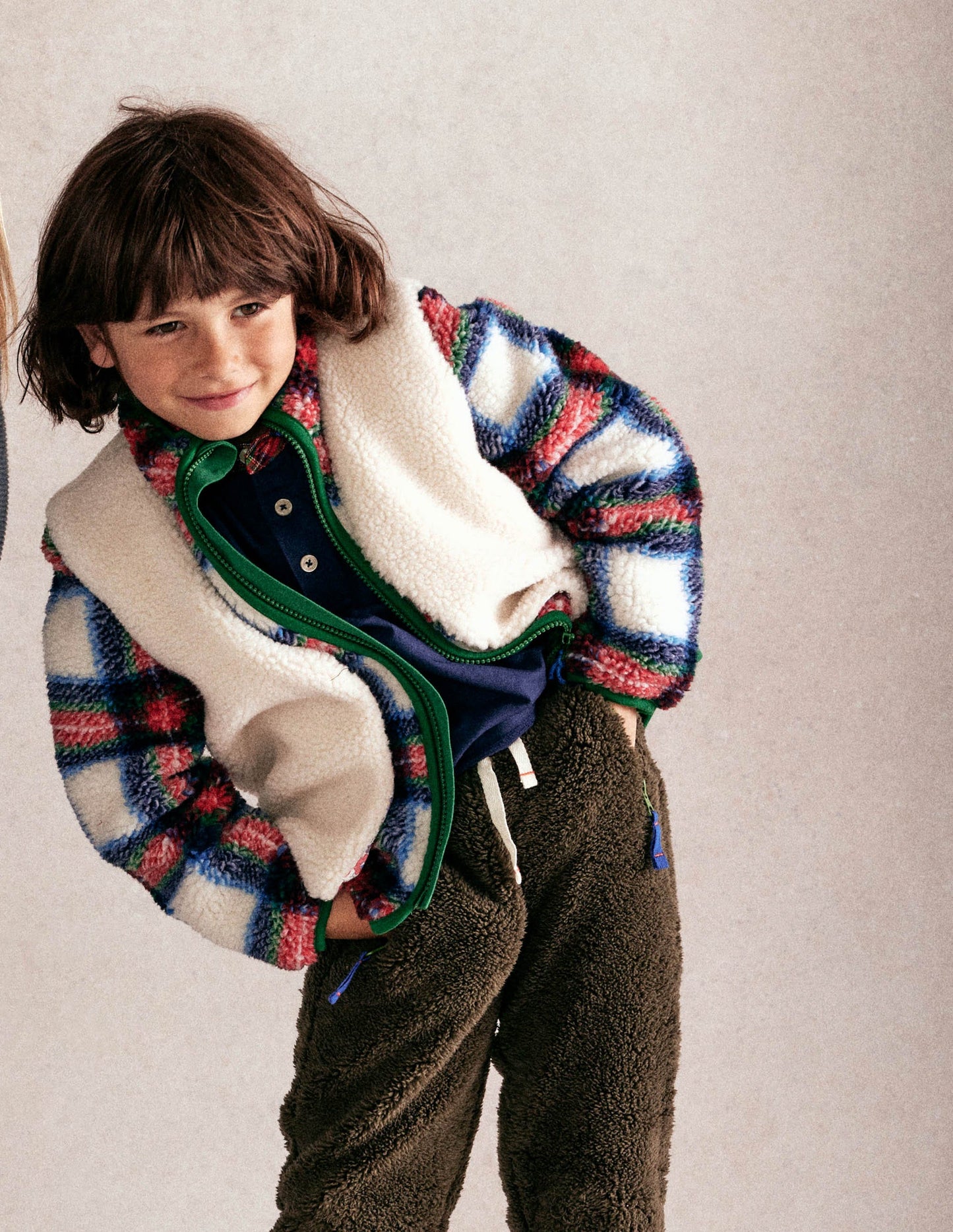 Kuschelige Teddyfell-Jacke-Naturweiß, Blau und Rot Kariert