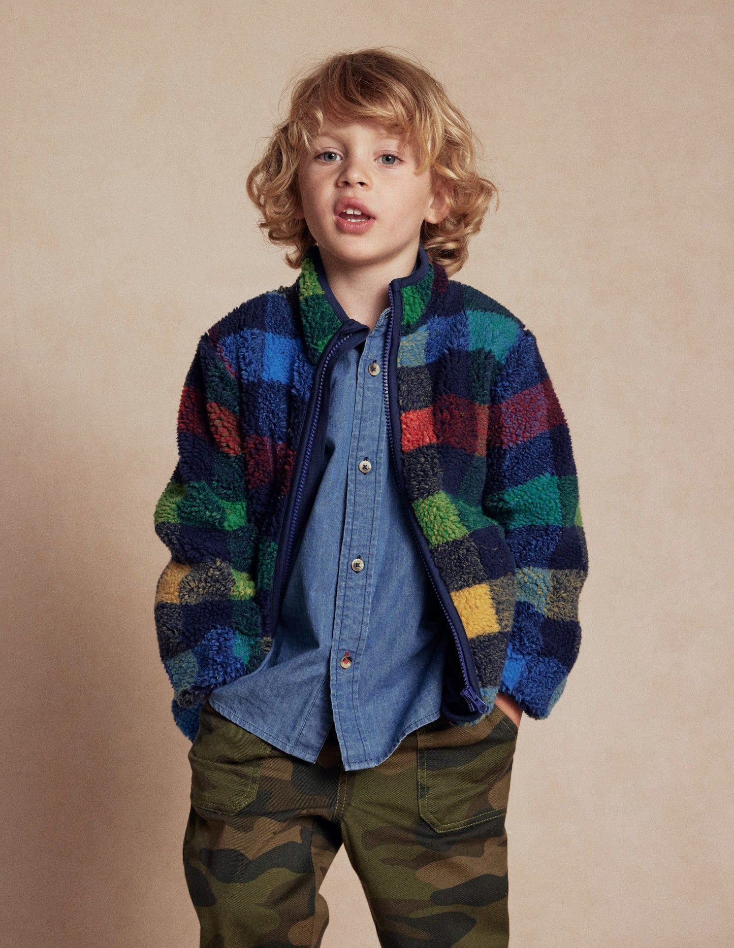 Veste douillette en borg-Carreaux bleu marine