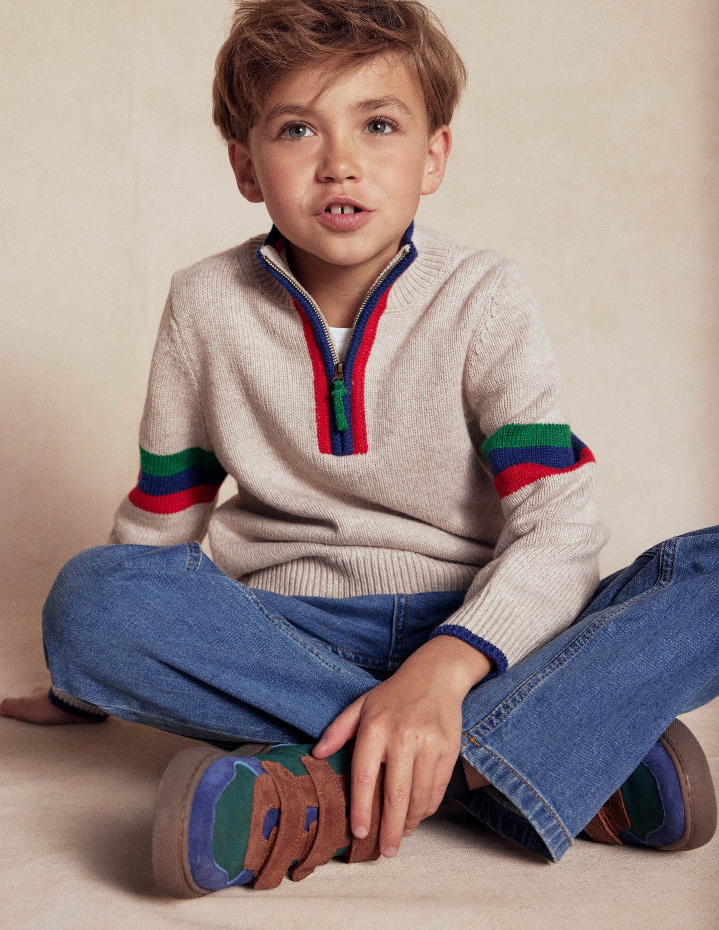 Klassischer Pullover mit halblangem Reißverschluss-Beige Meliert