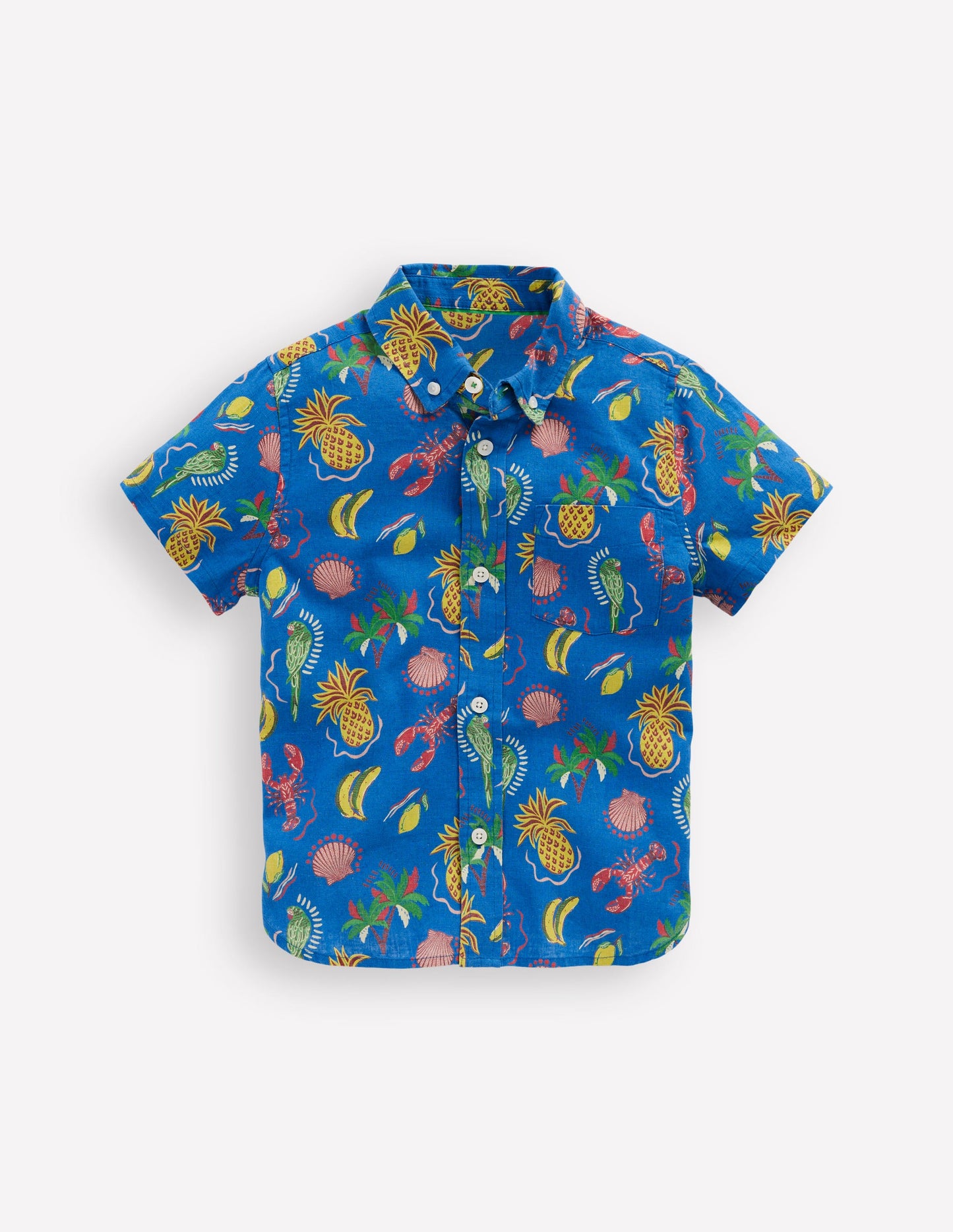 Cotton Linen Shirt-Bright Blue Tropical Print