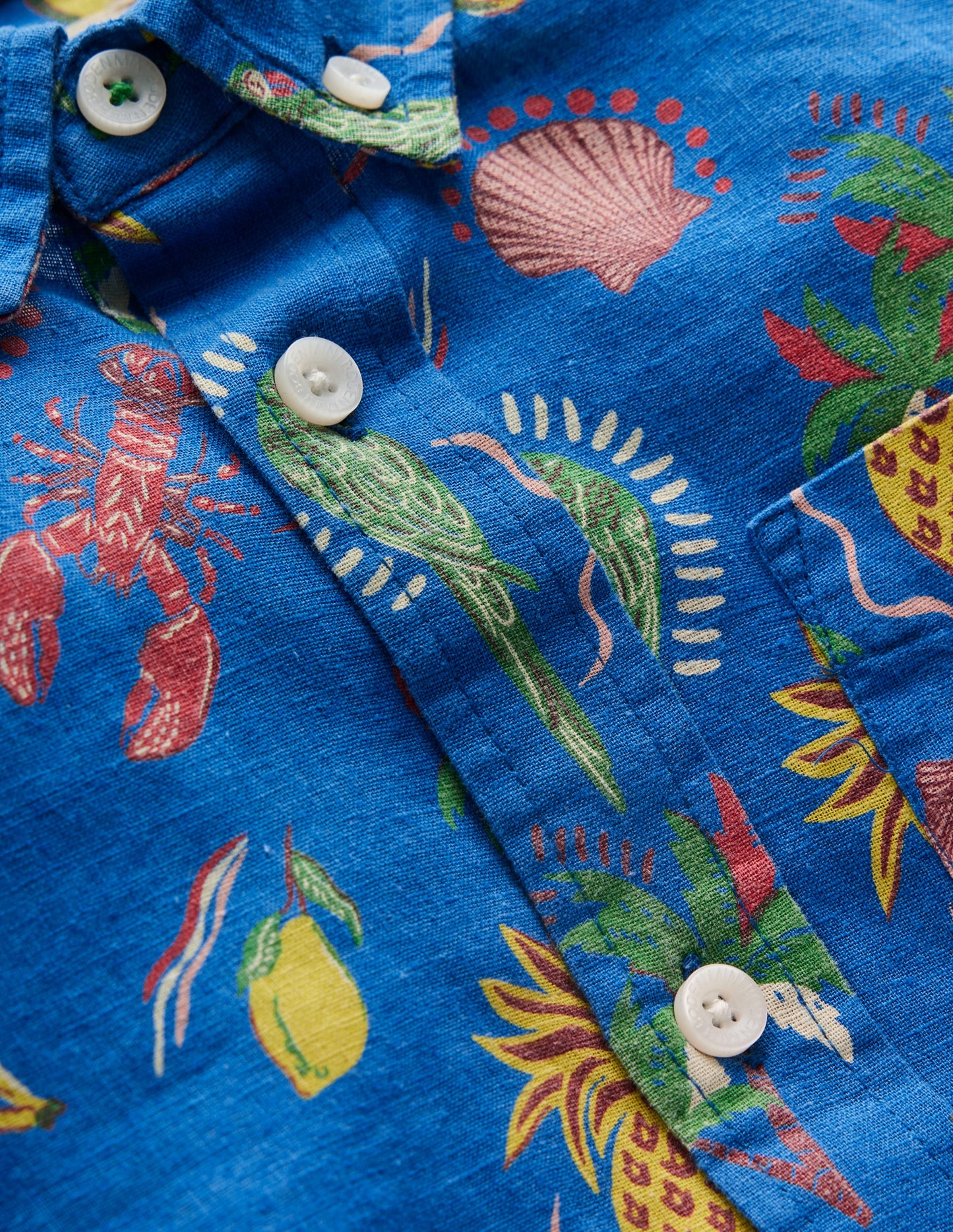 Cotton Linen Shirt-Bright Blue Tropical Print