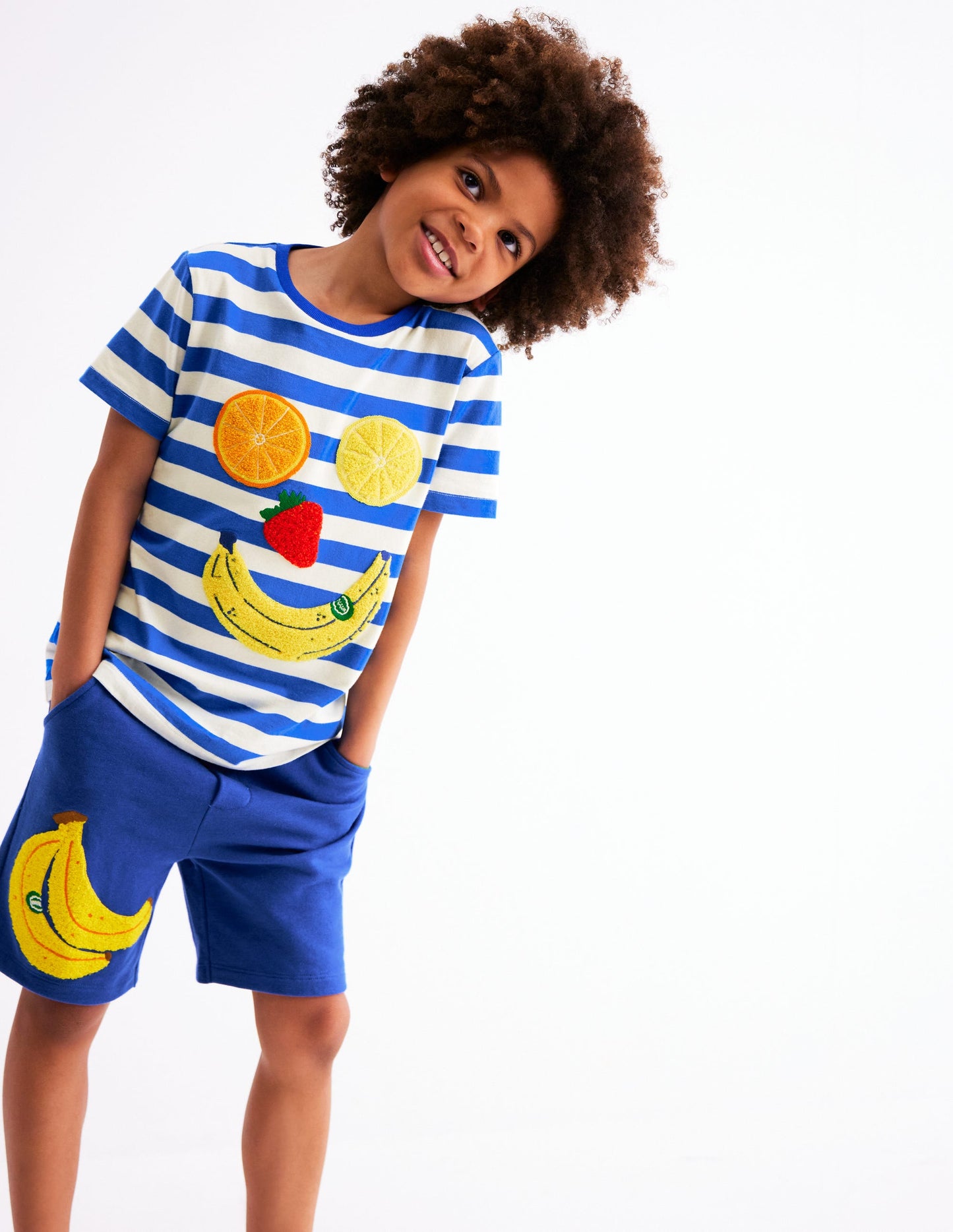 Bouclé-T-Shirt-Galerieblau/Naturweiß Fruchtgesicht