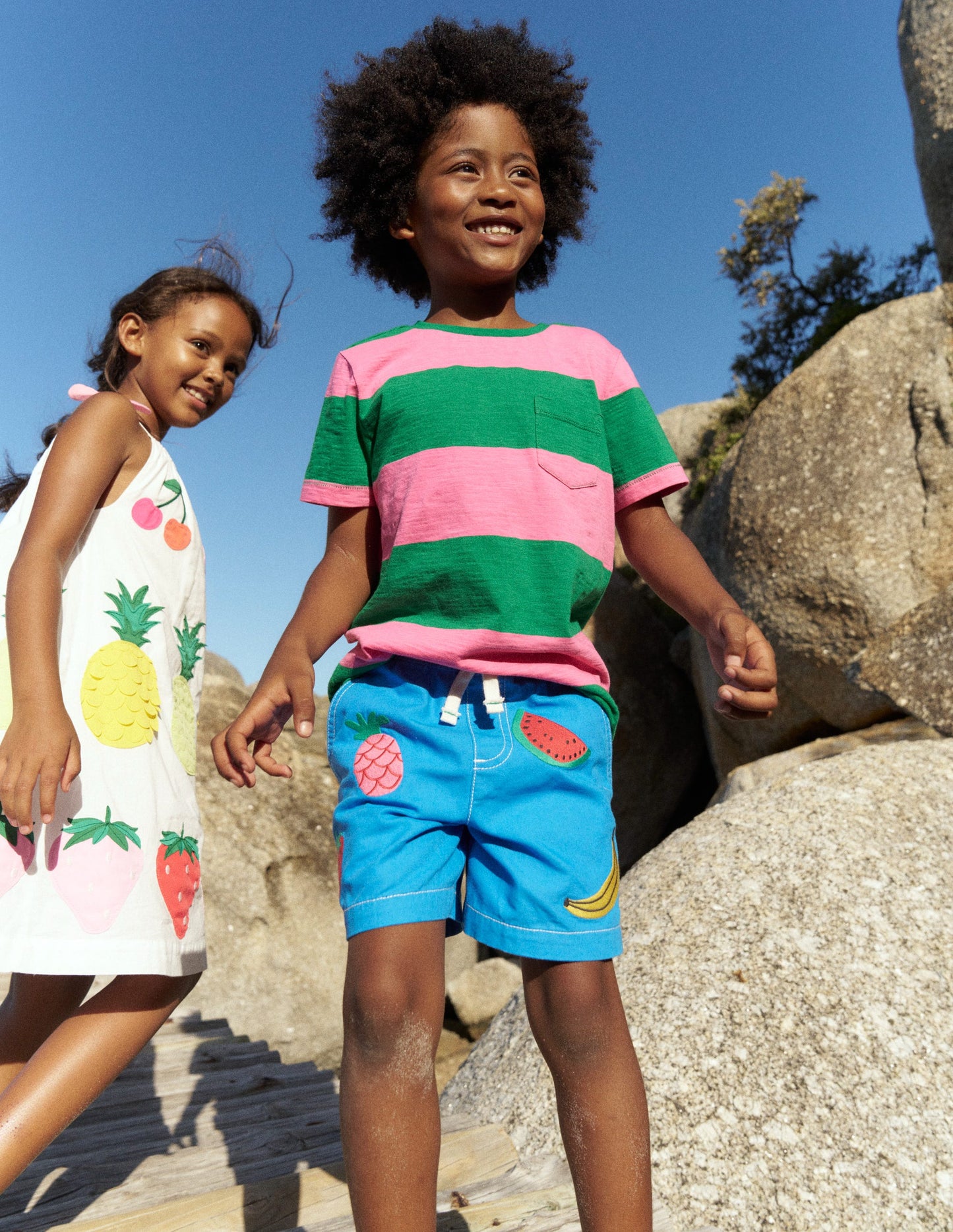 Short en coton à enfiler-Fruits brodés