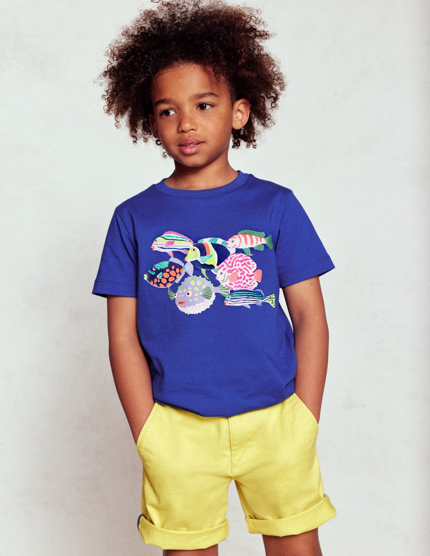 T-shirt manches courtes à imprimé riso-Poissons bleu héron