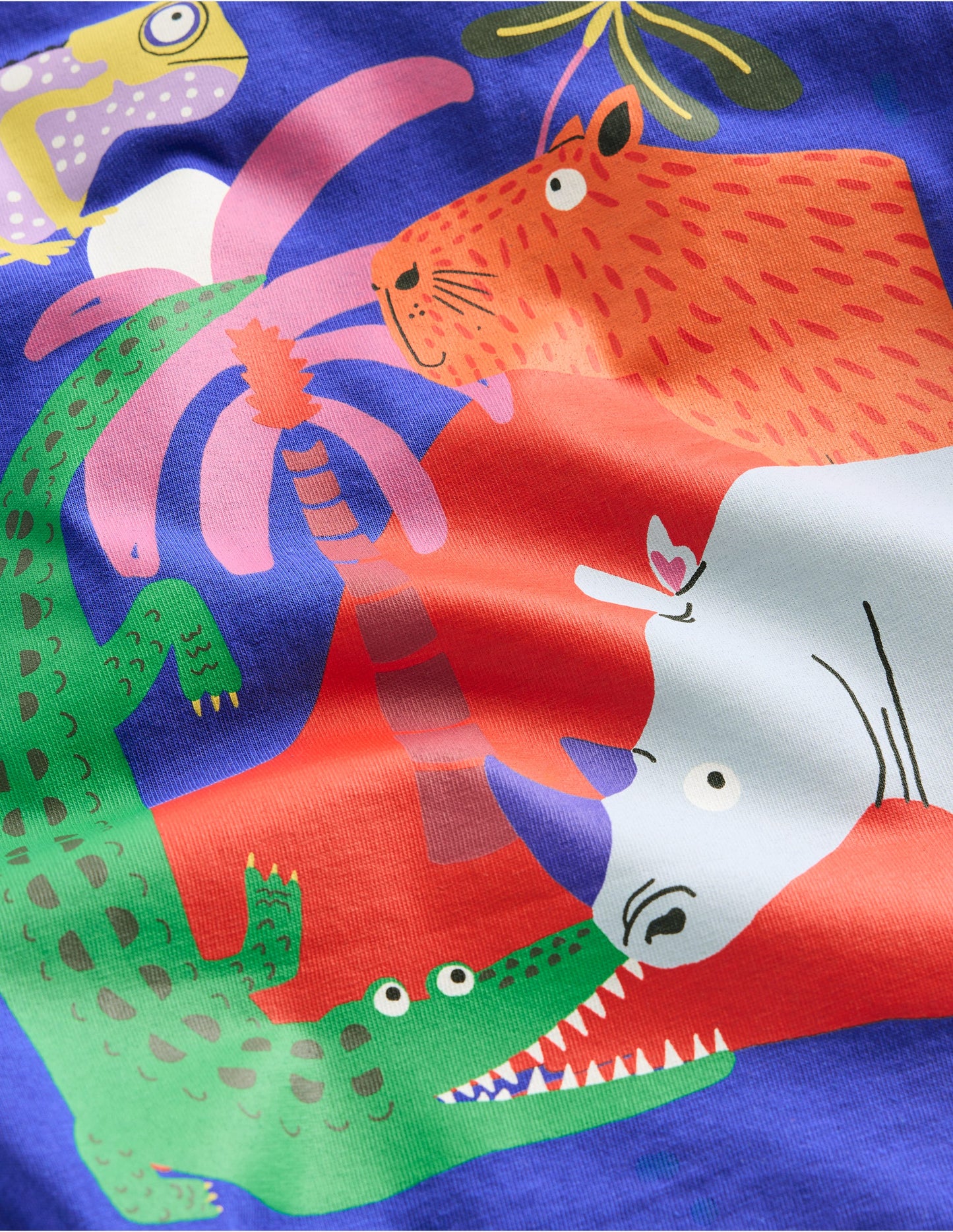 T-Shirt mit Druck auf Vorder- und Rückseite-Leuchtendes Blau Dschungeltiere